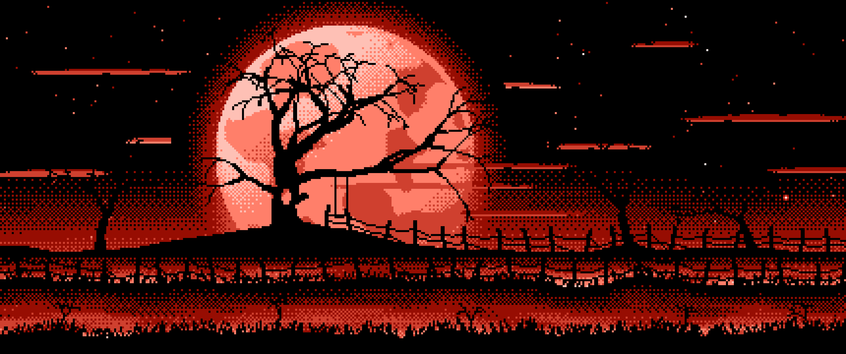 Coral Pixel Art Spooky Tree and Full Moon ultrawide wallpaper, 3440 × 1440