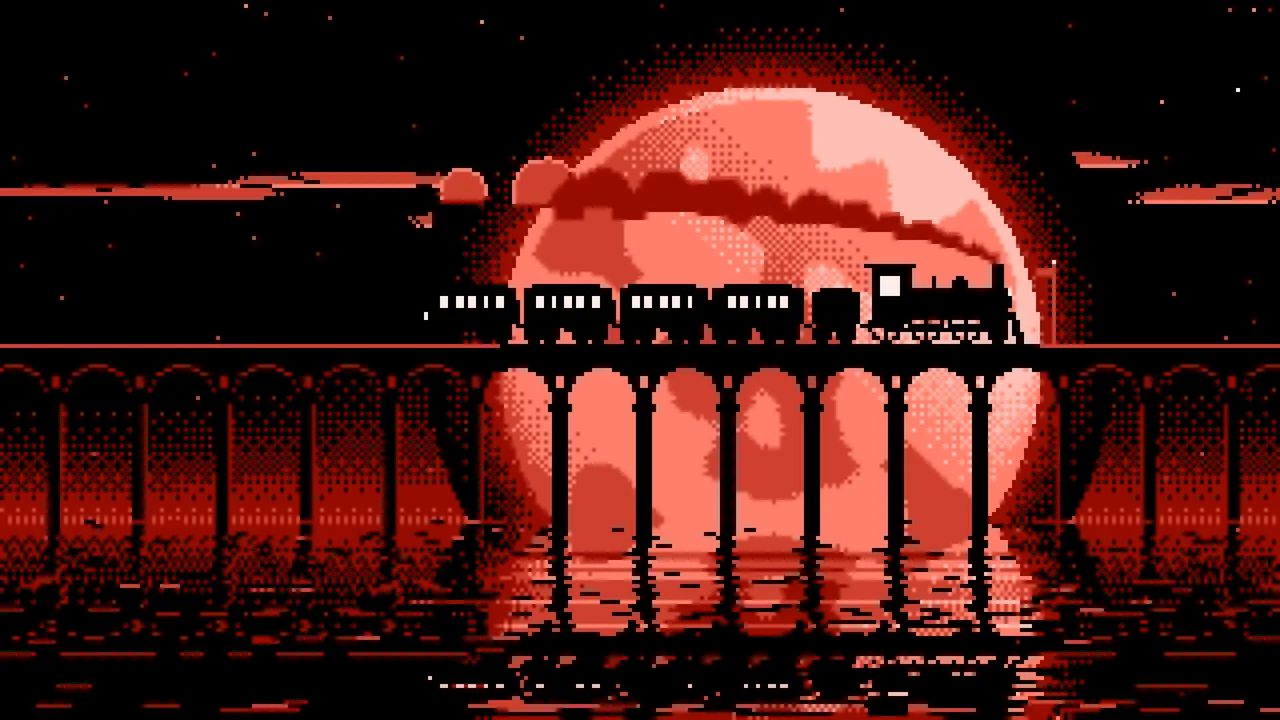 Coral Pixel Art Steam Train and Full Moon desktop wallpaper in 4K