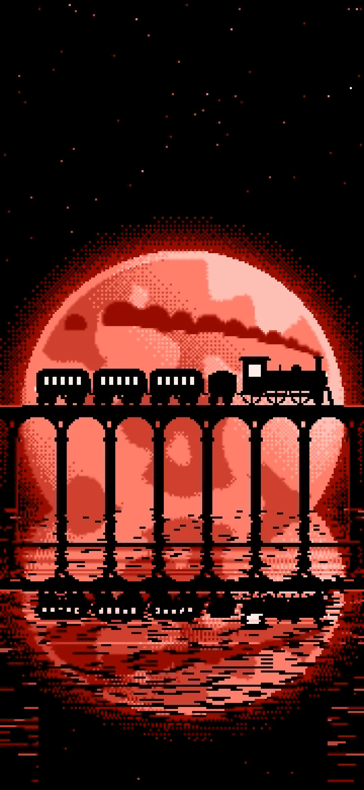 Coral Pixel Art Steam Train and Full Moon wallpaper for iPhone and Android