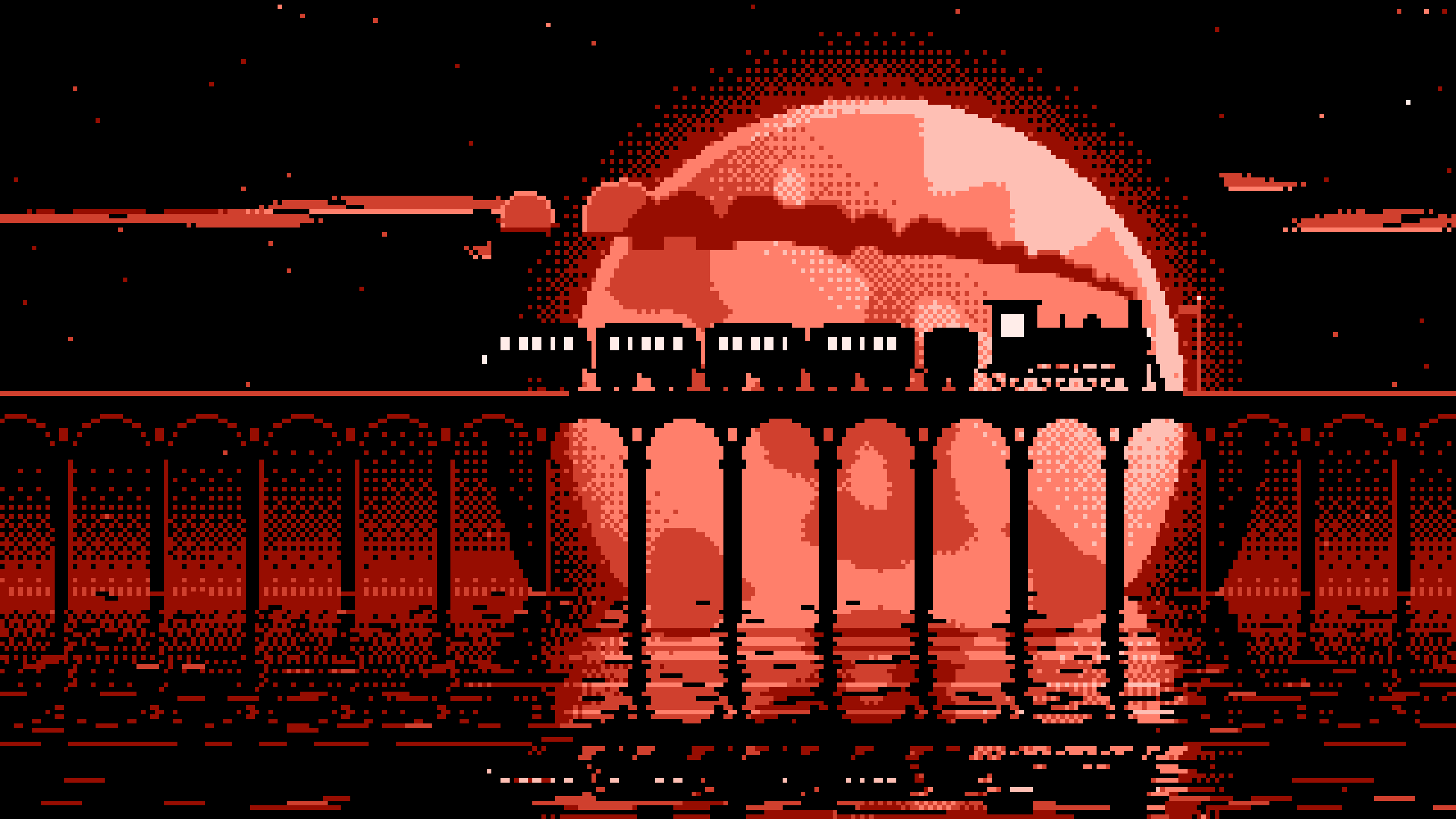 Coral Pixel Art Steam Train and Full Moon desktop wallpaper in 4K