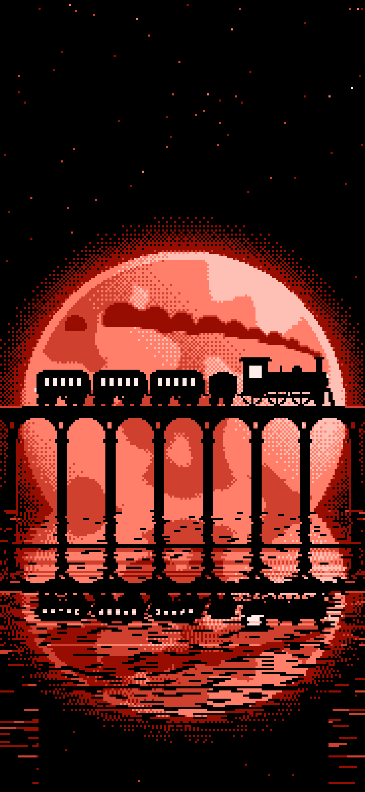 Coral Pixel Art Steam Train and Full Moon wallpaper for iPhone and Android