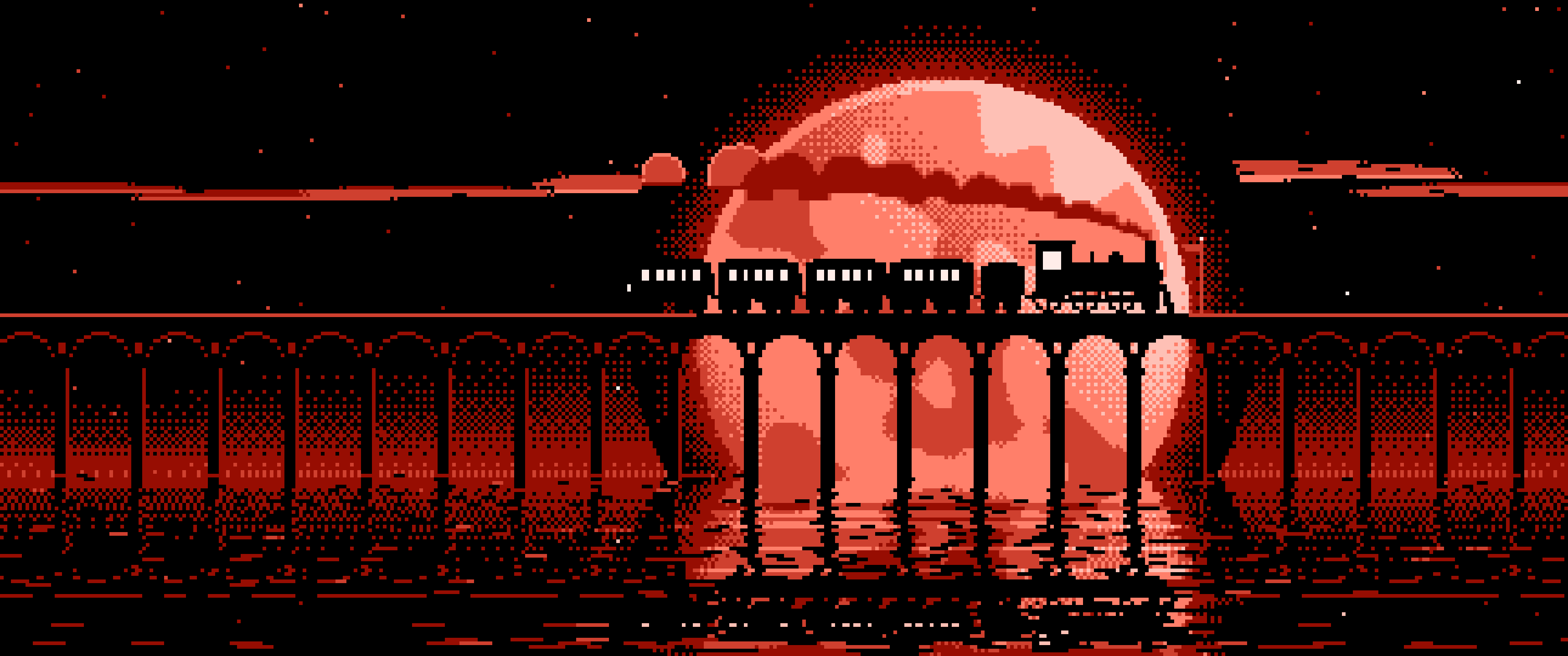 Coral Pixel Art Steam Train and Full Moon ultrawide wallpaper, 3440 × 1440