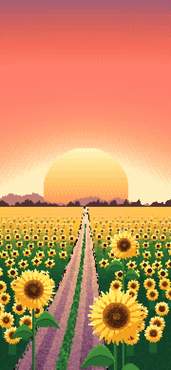 Coral Pixel Art Sunflower Field Road at Sunset wallpaper for iPhone and Android