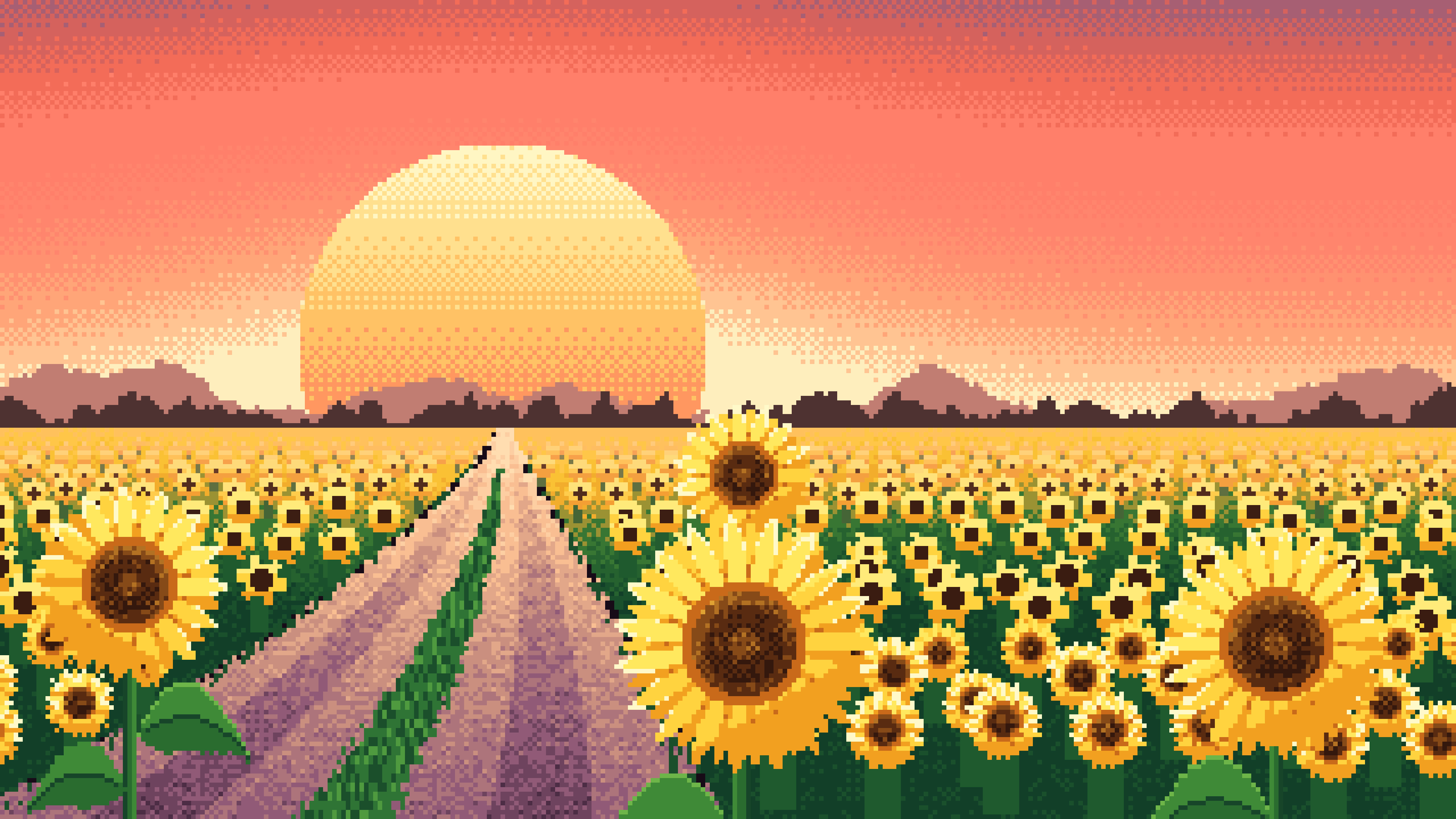 Coral Pixel Art Sunflower Field Road at Sunset desktop wallpaper in 4K