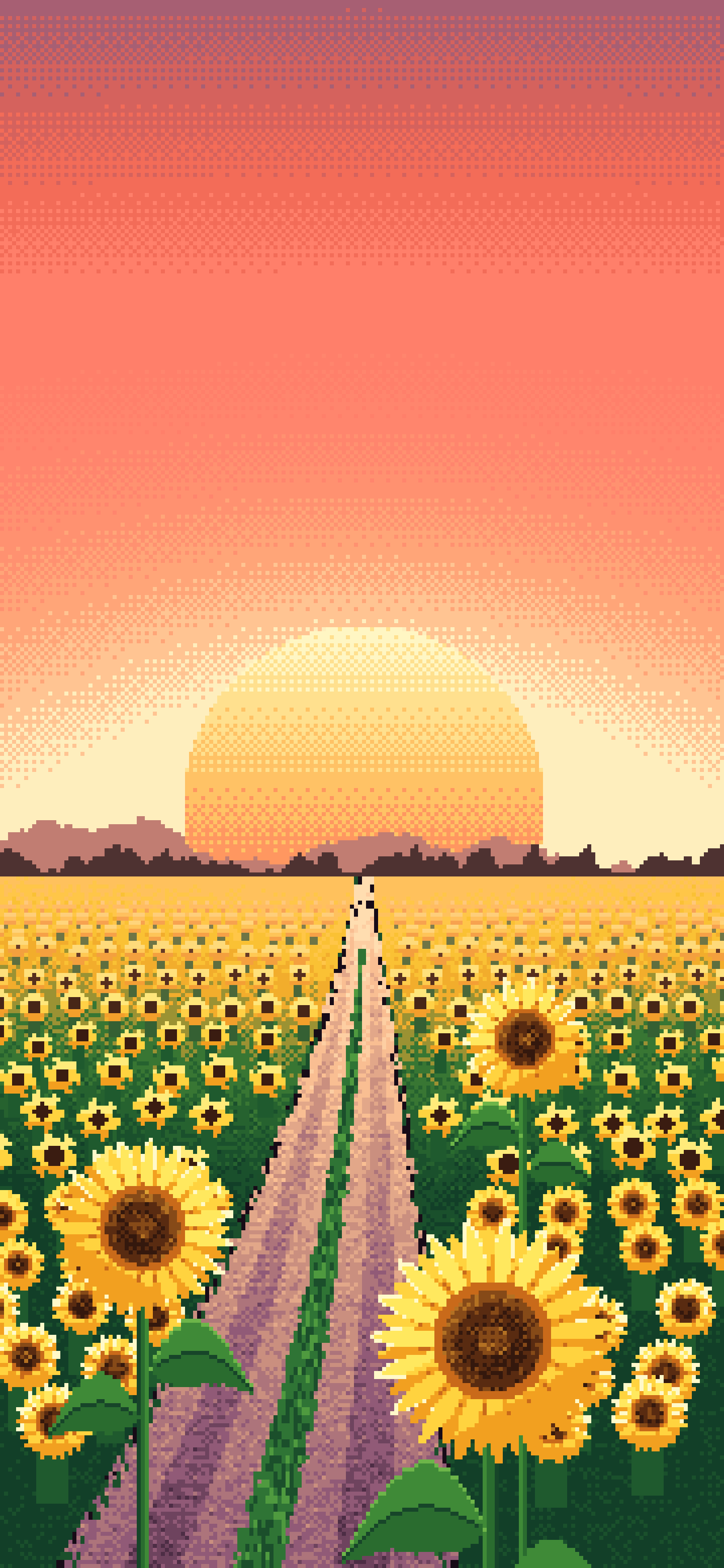 Coral Pixel Art Sunflower Field Road at Sunset wallpaper for iPhone and Android