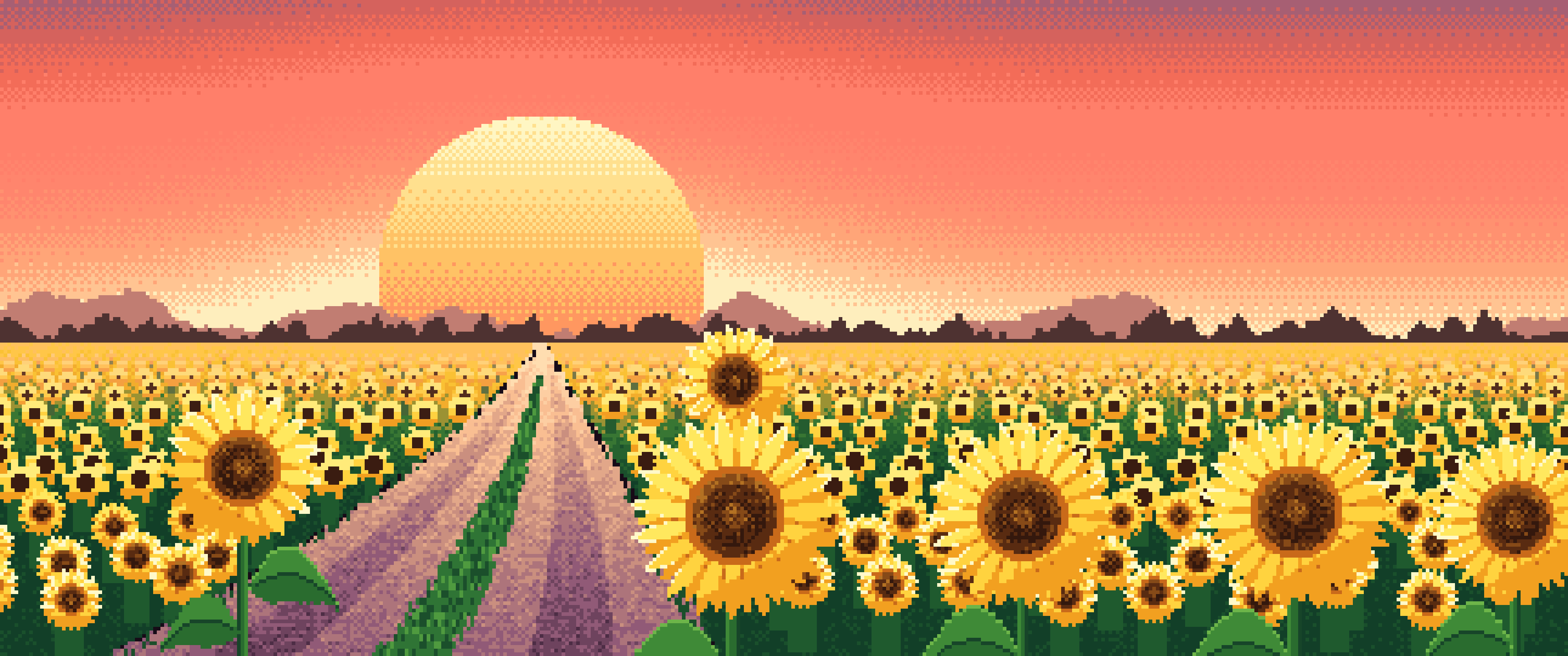 Coral Pixel Art Sunflower Field Road at Sunset ultrawide wallpaper, 3440 × 1440