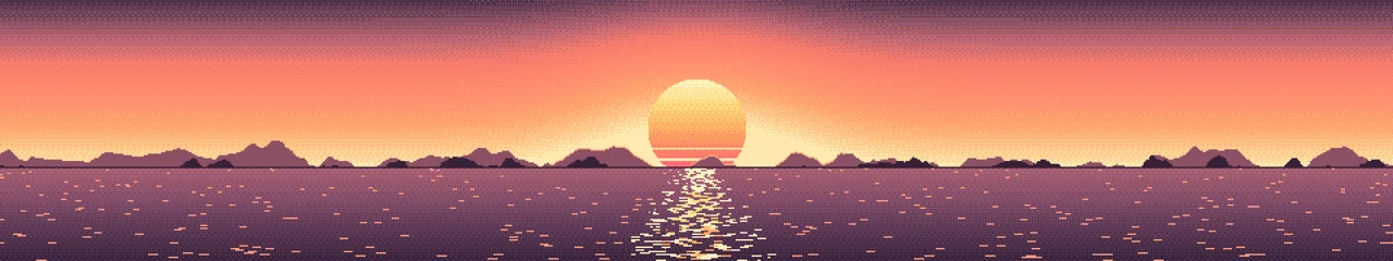 Coral Pixel Art Sunset triple monitor wallpaper, 7680 × 1440