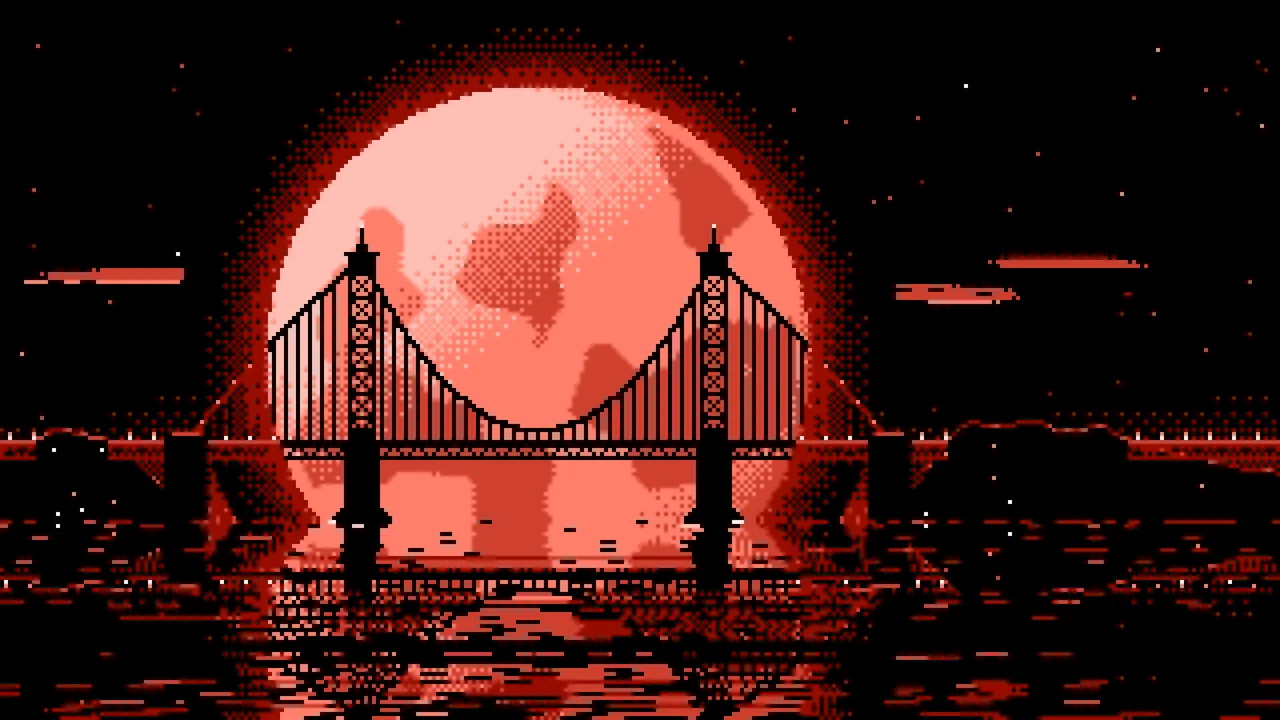 Coral Pixel Art Suspension Bridge and Full Moon desktop wallpaper in 4K