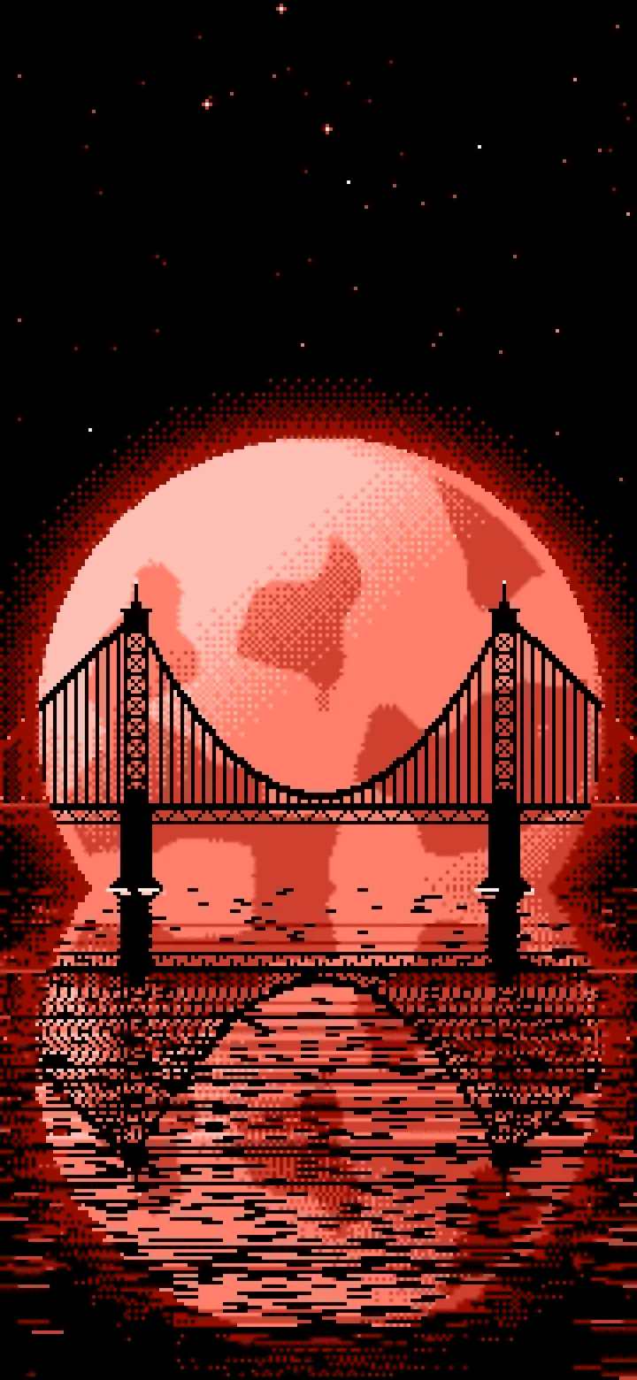 Coral Pixel Art Suspension Bridge and Full Moon wallpaper for iPhone and Android