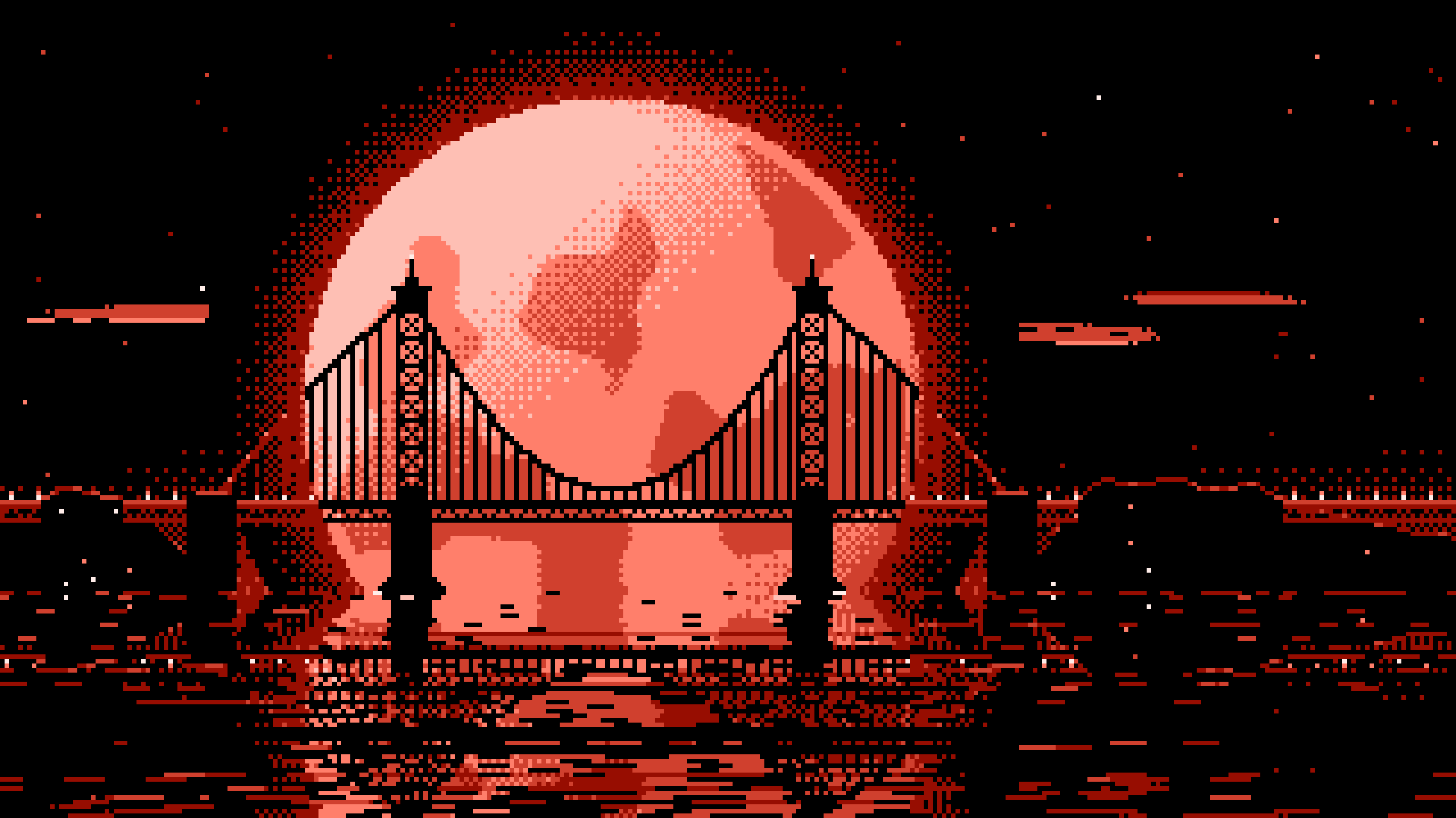 Coral Pixel Art Suspension Bridge and Full Moon desktop wallpaper in 4K