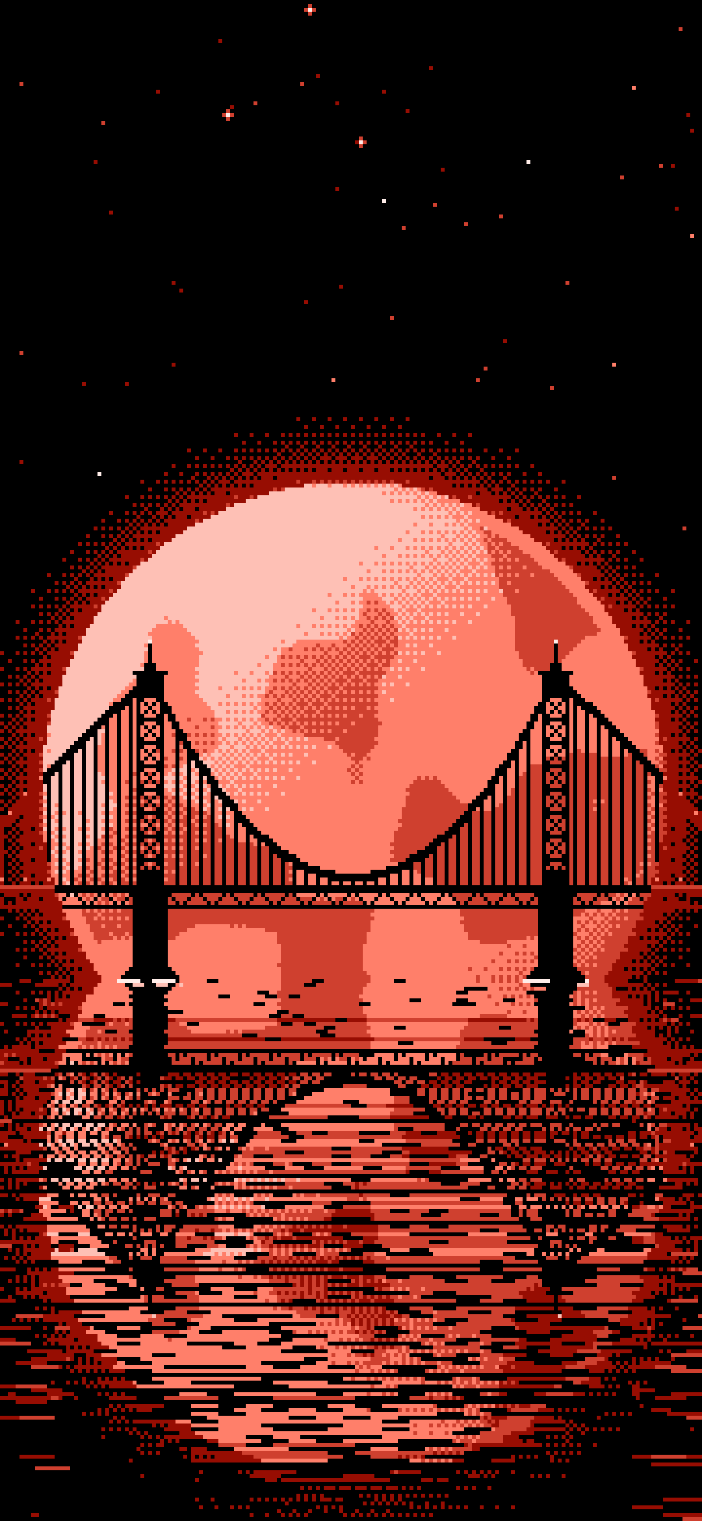 Coral Pixel Art Suspension Bridge and Full Moon wallpaper for iPhone and Android