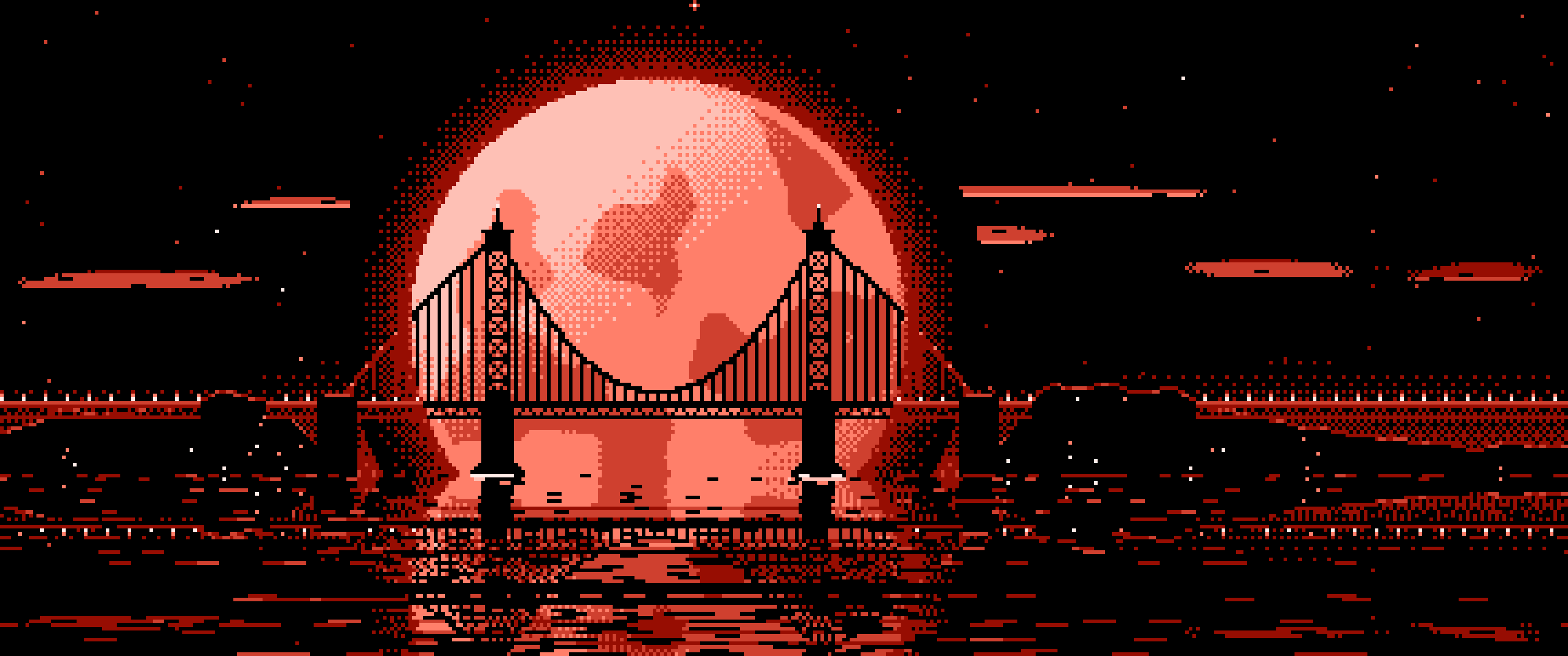 Coral Pixel Art Suspension Bridge and Full Moon ultrawide wallpaper, 3440 × 1440