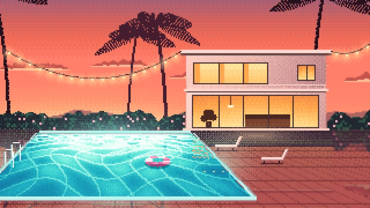 Coral Pixel Art Swimming Pool at Dusk desktop wallpaper in 4K