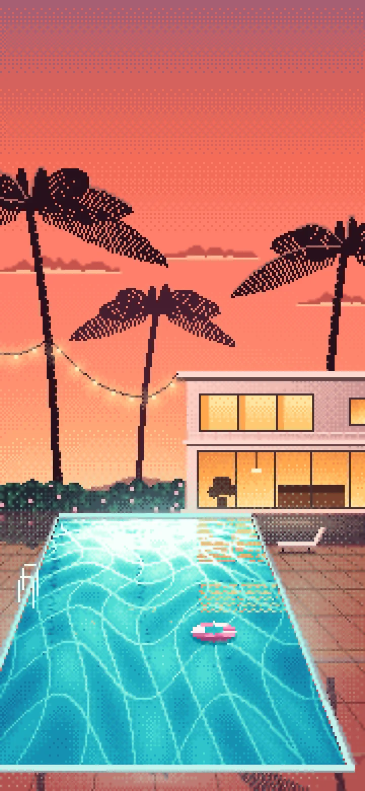 Coral Pixel Art Swimming Pool at Dusk wallpaper for iPhone and Android