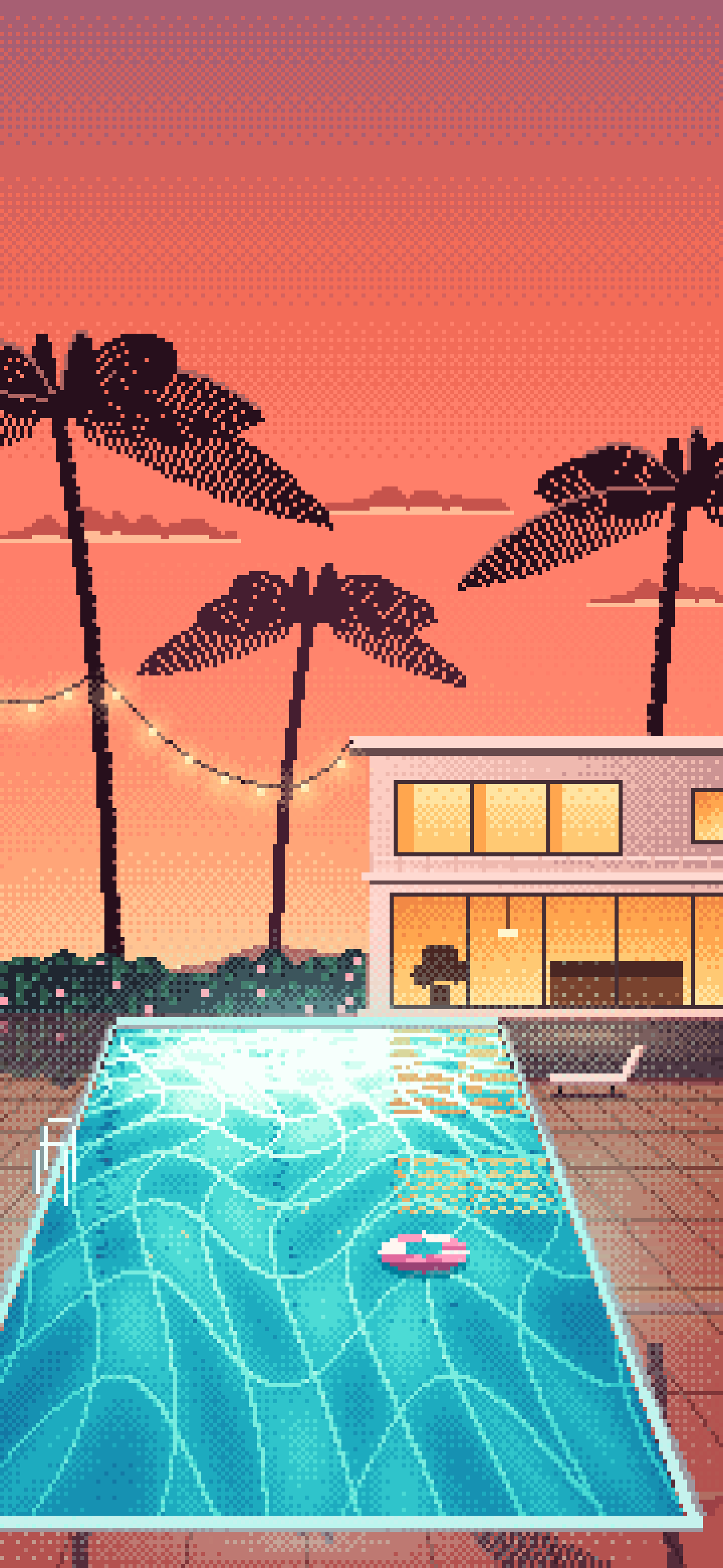 Coral Pixel Art Swimming Pool at Dusk wallpaper for iPhone and Android