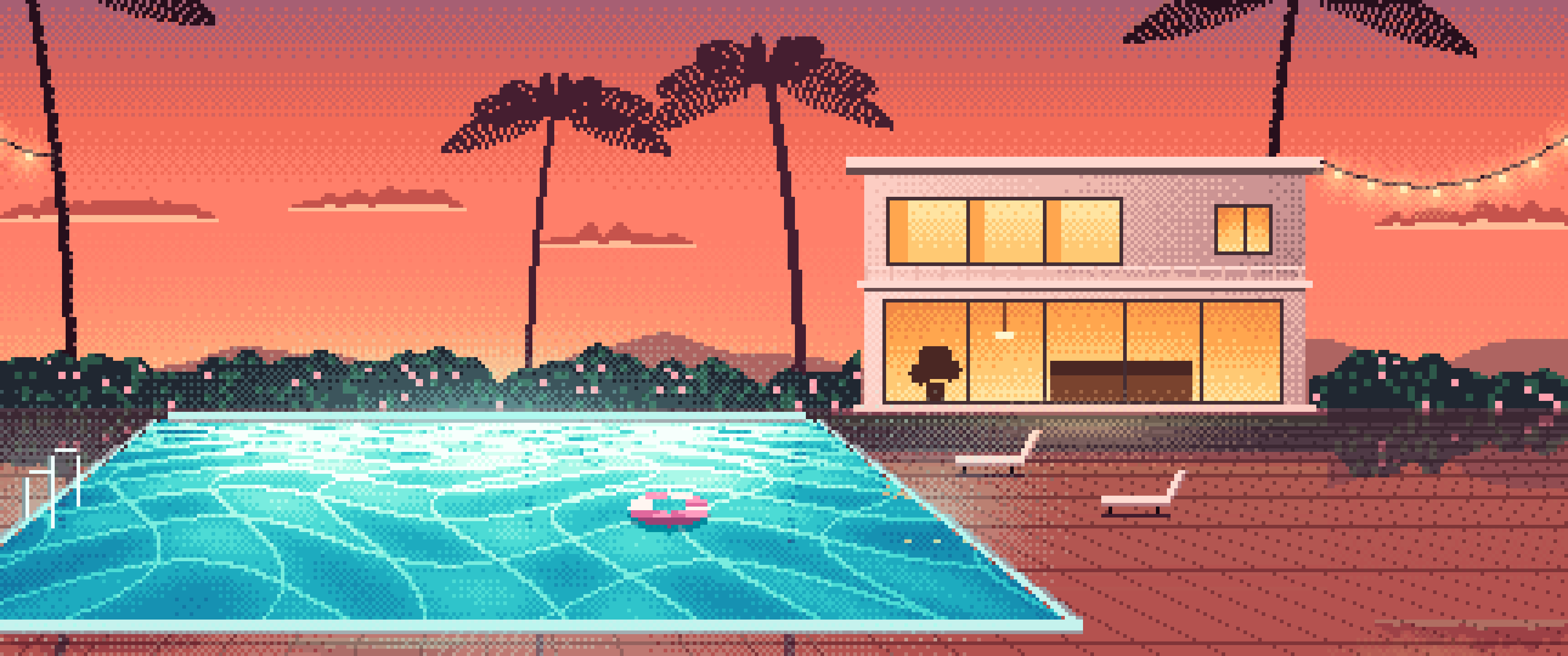 Coral Pixel Art Swimming Pool at Dusk ultrawide wallpaper, 3440 × 1440