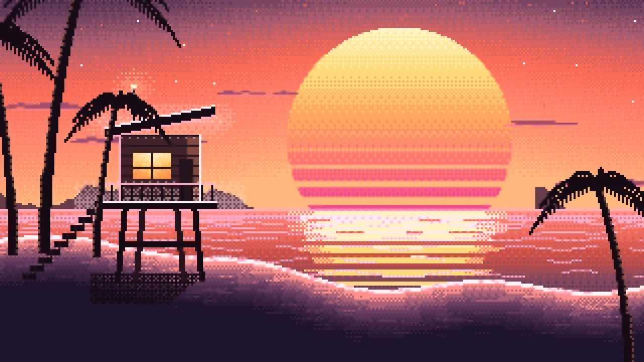 Coral Pixel Art Synthwave Beach desktop wallpaper in 4K