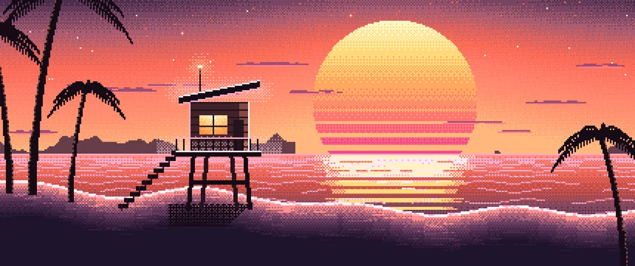Coral Pixel Art Synthwave Beach ultrawide wallpaper, 3440 × 1440