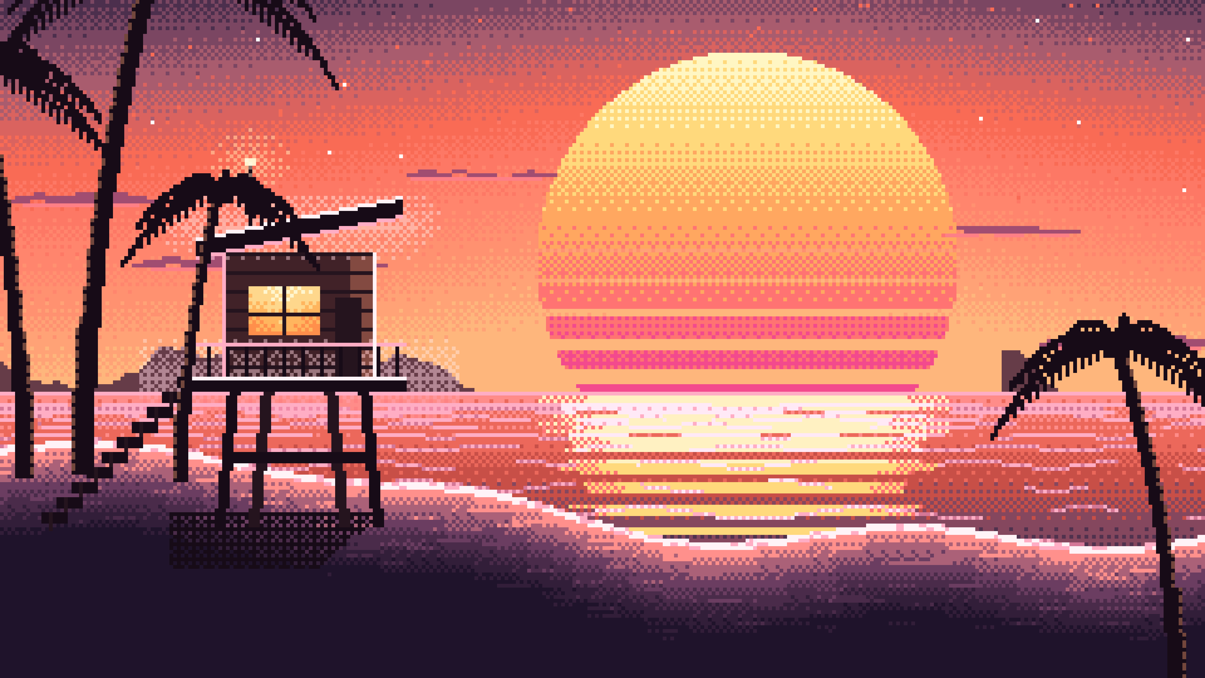 Coral Pixel Art Synthwave Beach desktop wallpaper in 4K