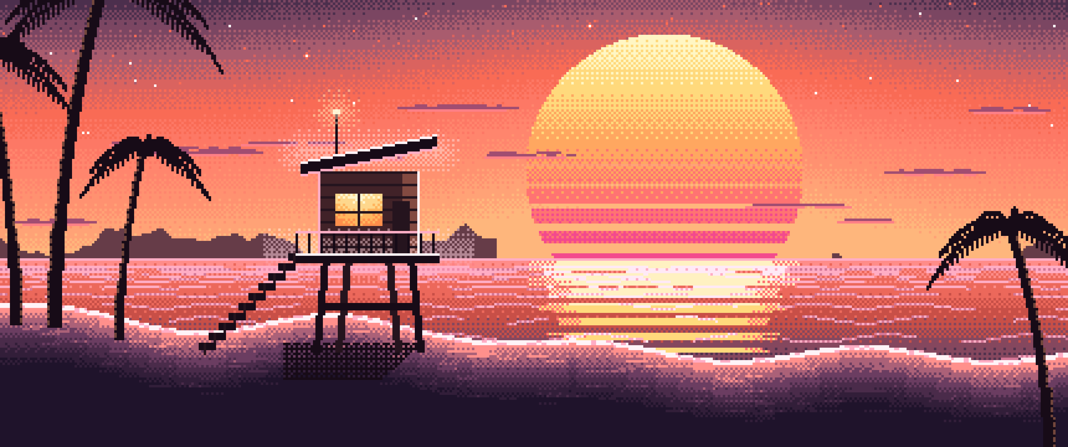 Coral Pixel Art Synthwave Beach ultrawide wallpaper, 3440 × 1440