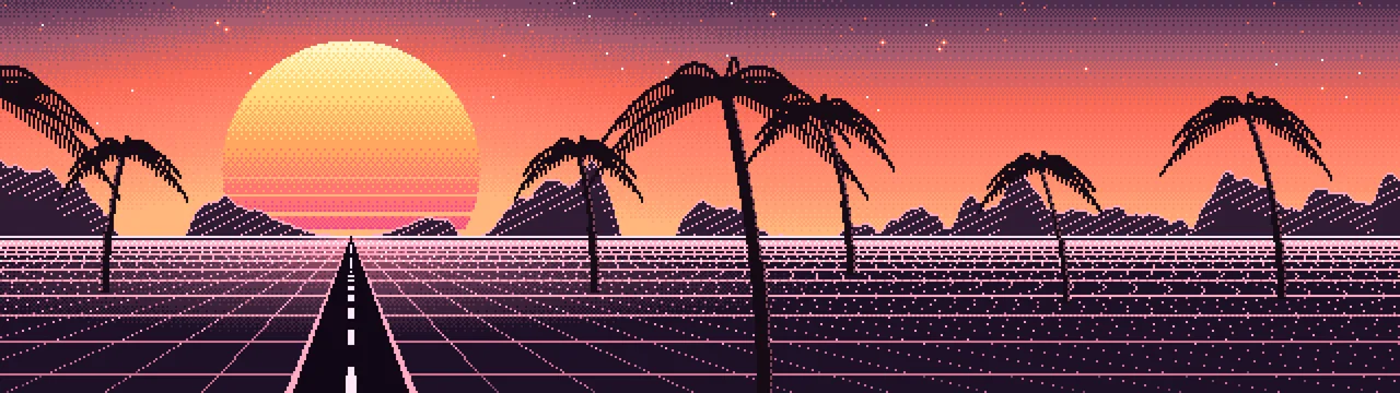 Coral Pixel Art Synthwave dual monitor wallpaper, 7680 × 2160