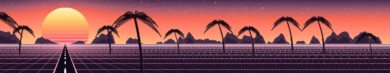 Coral Pixel Art Synthwave triple monitor wallpaper, 7680 × 1440