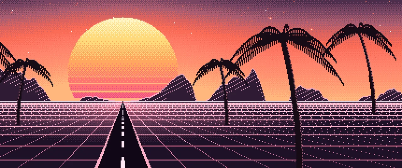 Coral Pixel Art Synthwave ultrawide wallpaper, 3440 × 1440