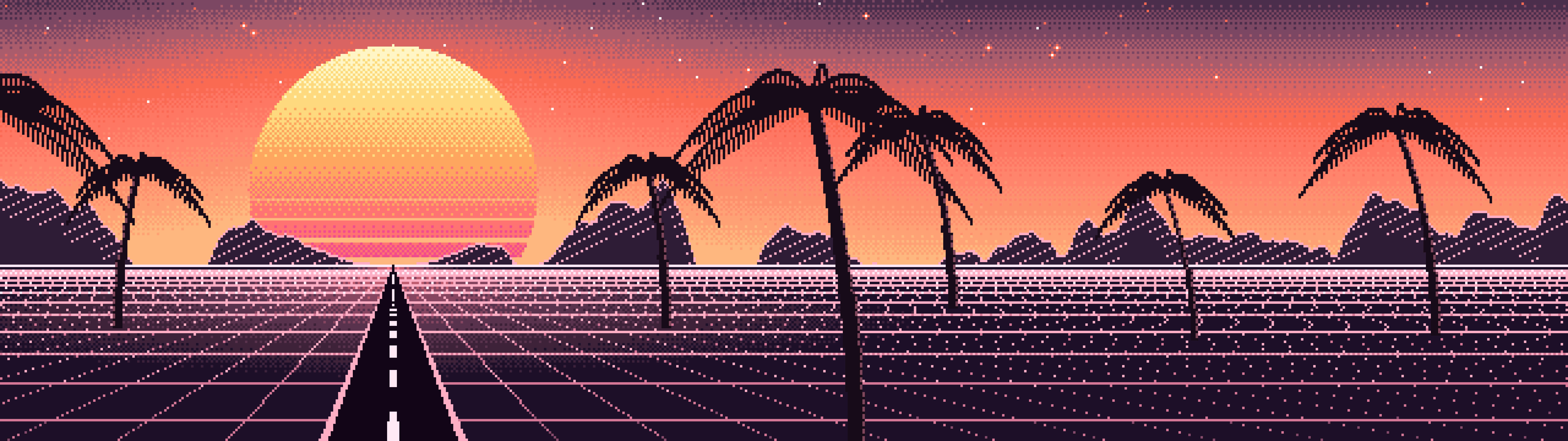 Coral Pixel Art Synthwave dual monitor wallpaper, 7680 × 2160