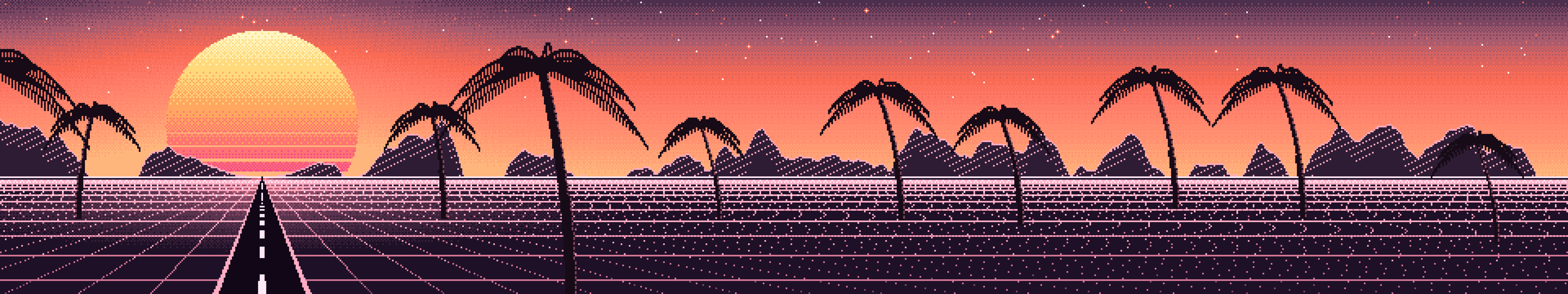 Coral Pixel Art Synthwave triple monitor wallpaper, 7680 × 1440