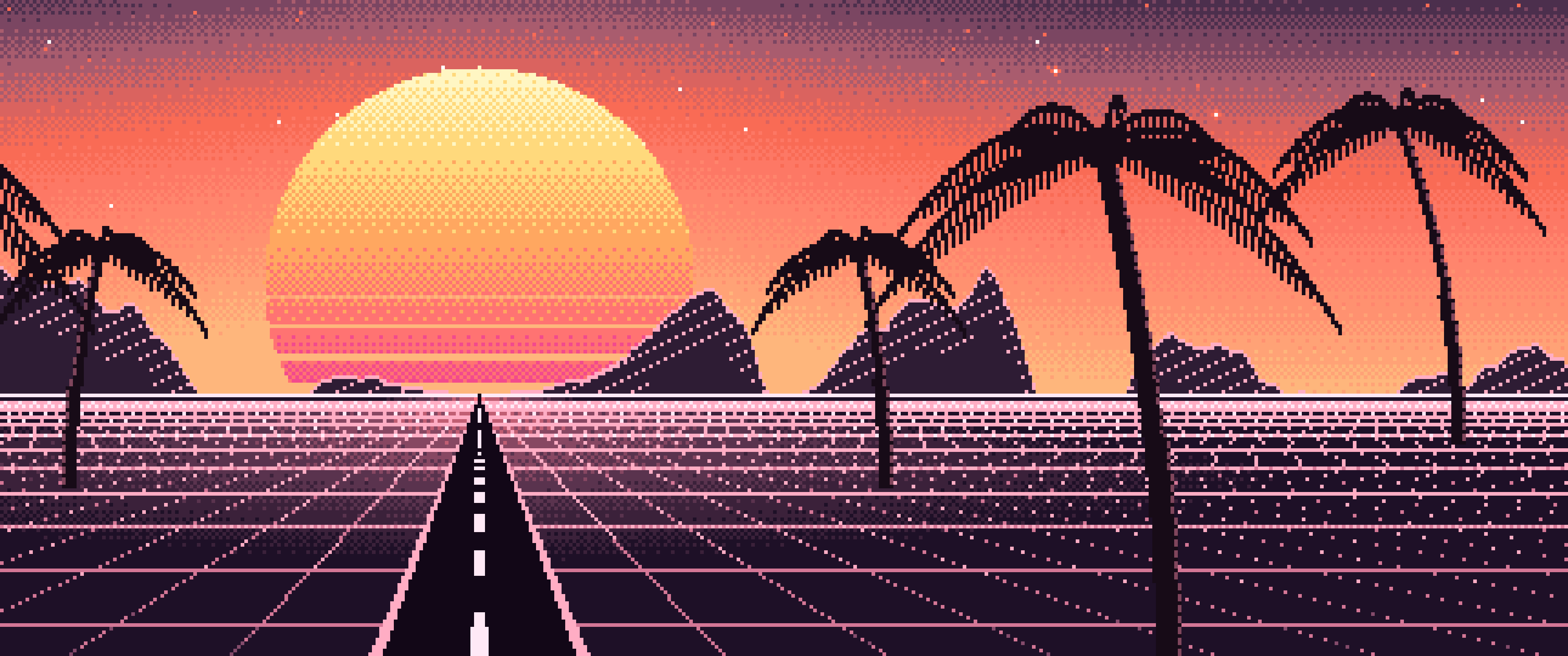 Coral Pixel Art Synthwave ultrawide wallpaper, 3440 × 1440