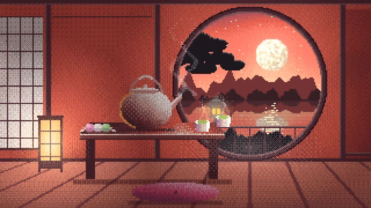 Coral Pixel Art Tea House and Moon Window desktop wallpaper in 4K