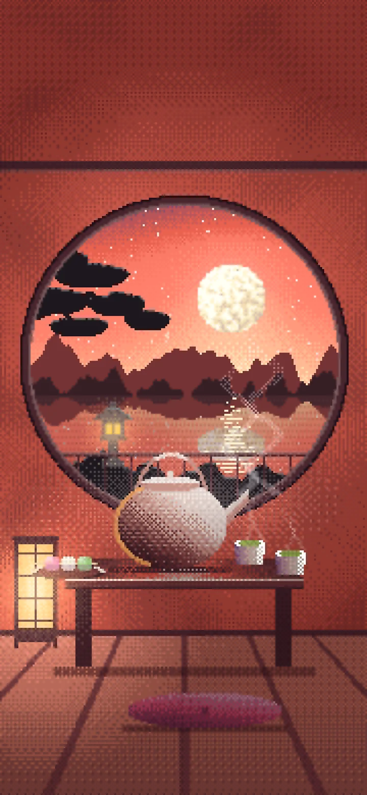 Coral Pixel Art Tea House and Moon Window wallpaper for iPhone and Android
