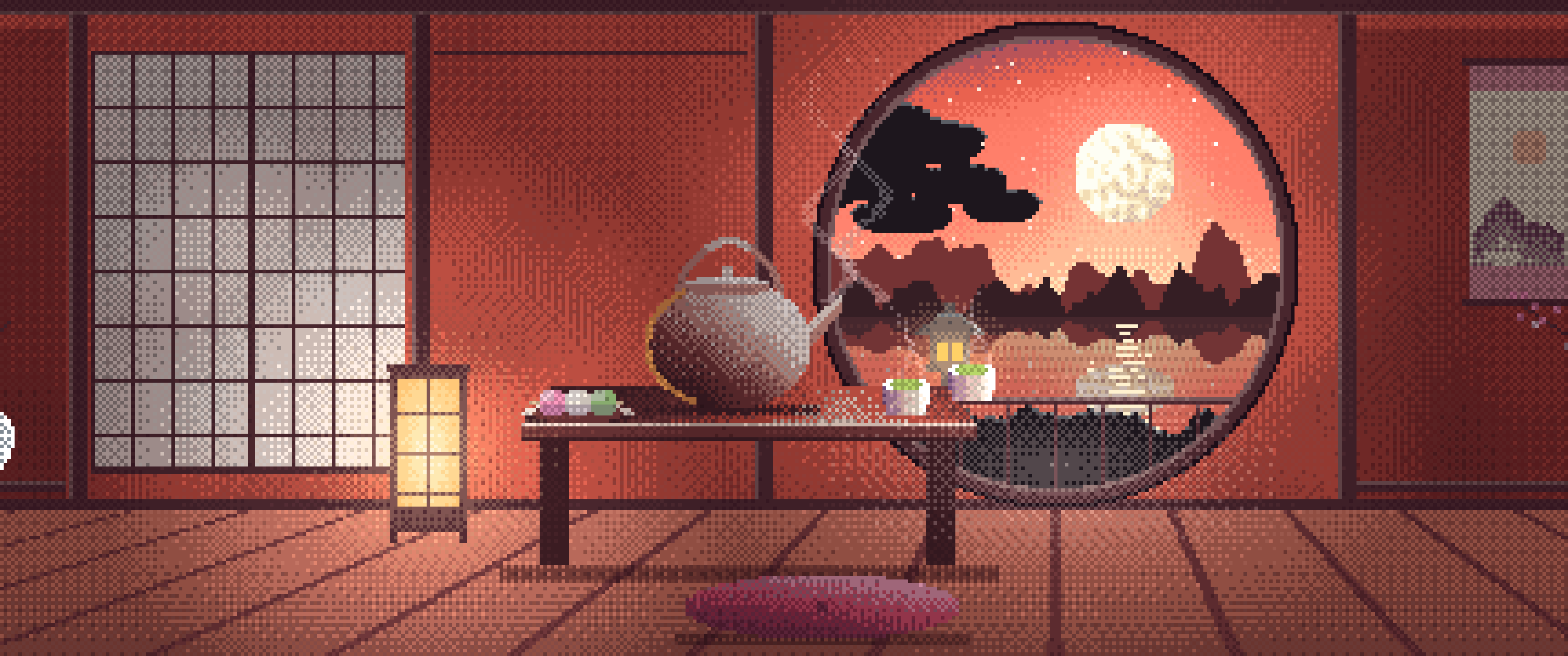 Coral Pixel Art Tea House and Moon Window ultrawide wallpaper, 3440 × 1440