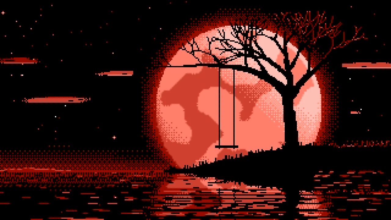Coral Pixel Art Tree Swing and Full Moon desktop wallpaper in 4K
