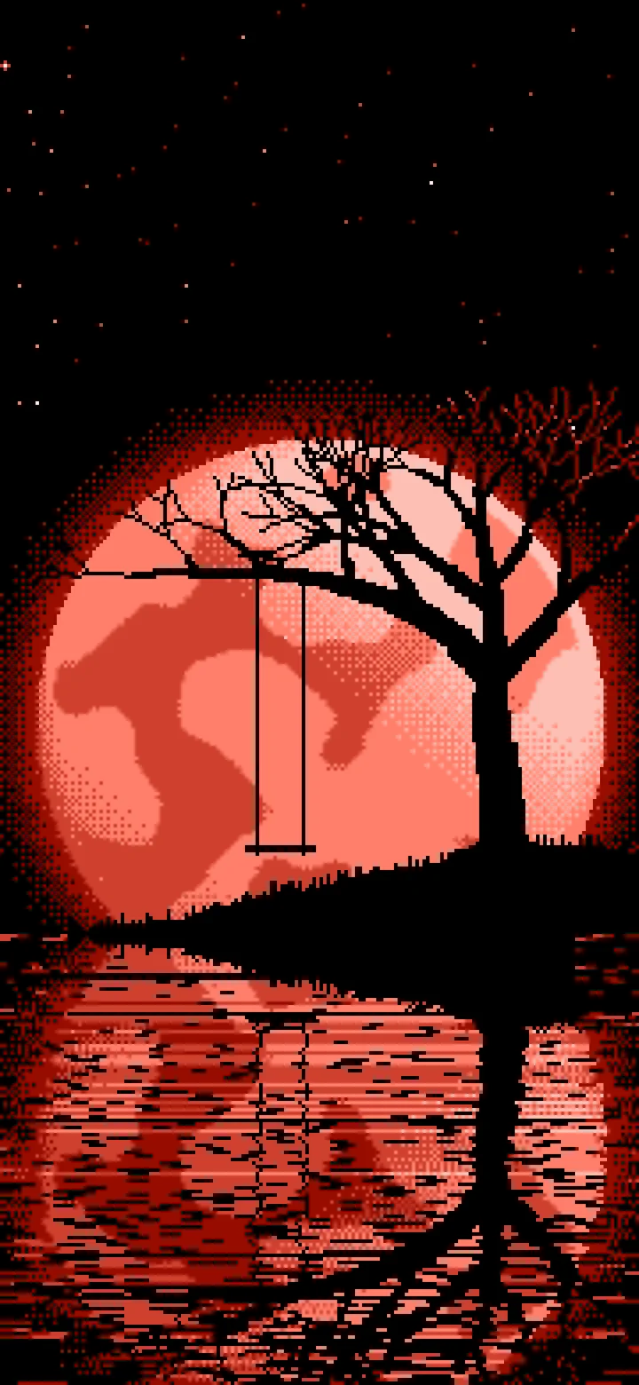 Coral Pixel Art Tree Swing and Full Moon wallpaper for iPhone and Android