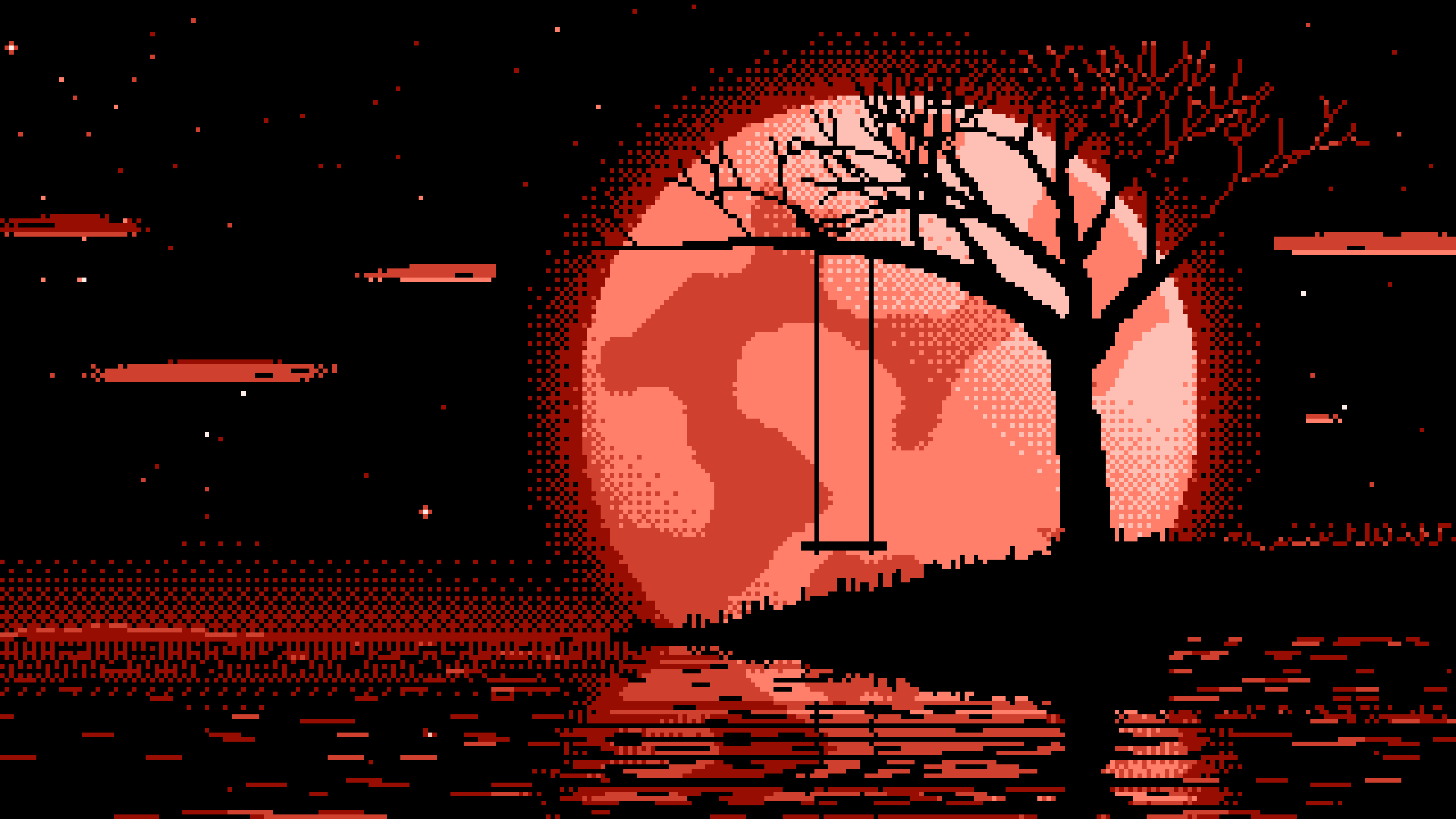 Coral Pixel Art Tree Swing and Full Moon desktop wallpaper in 4K