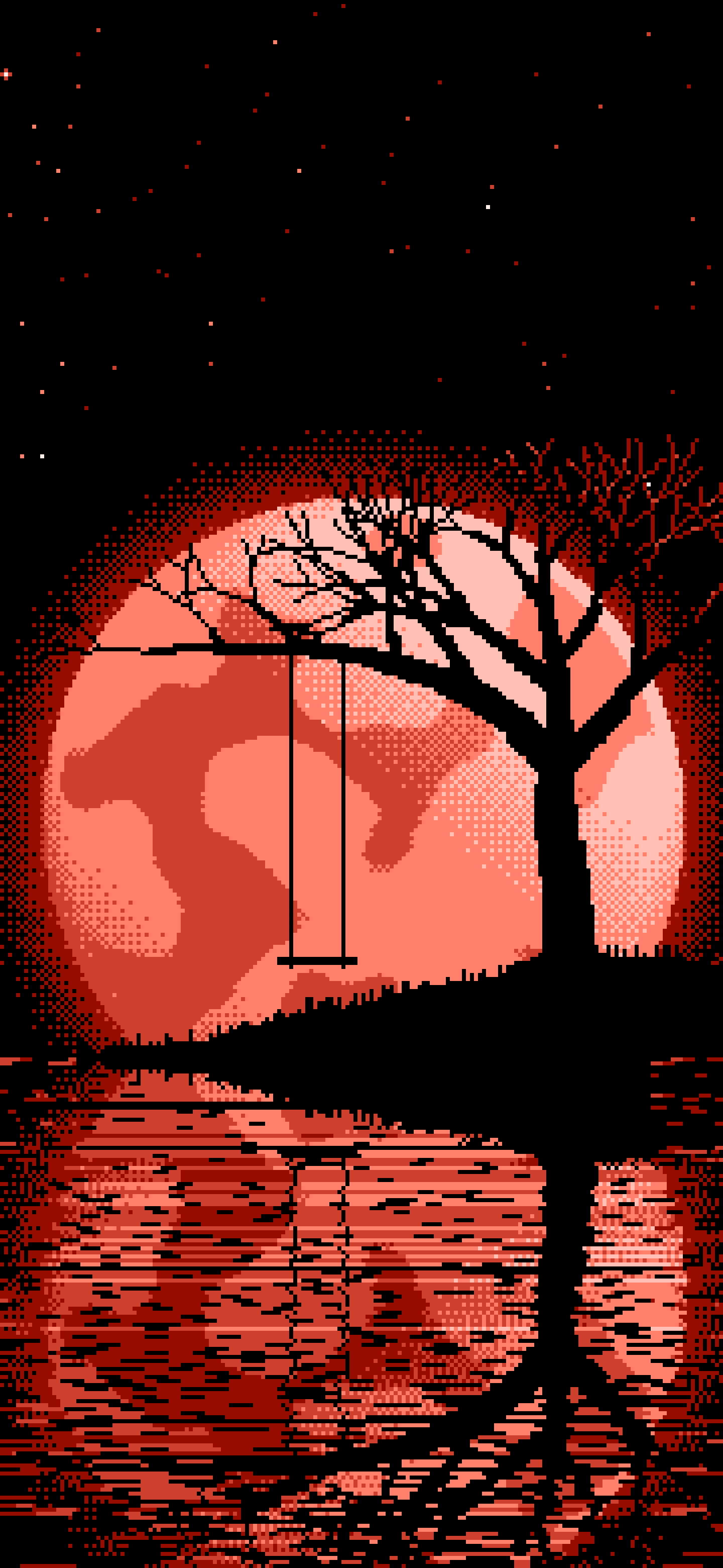 Coral Pixel Art Tree Swing and Full Moon wallpaper for iPhone and Android