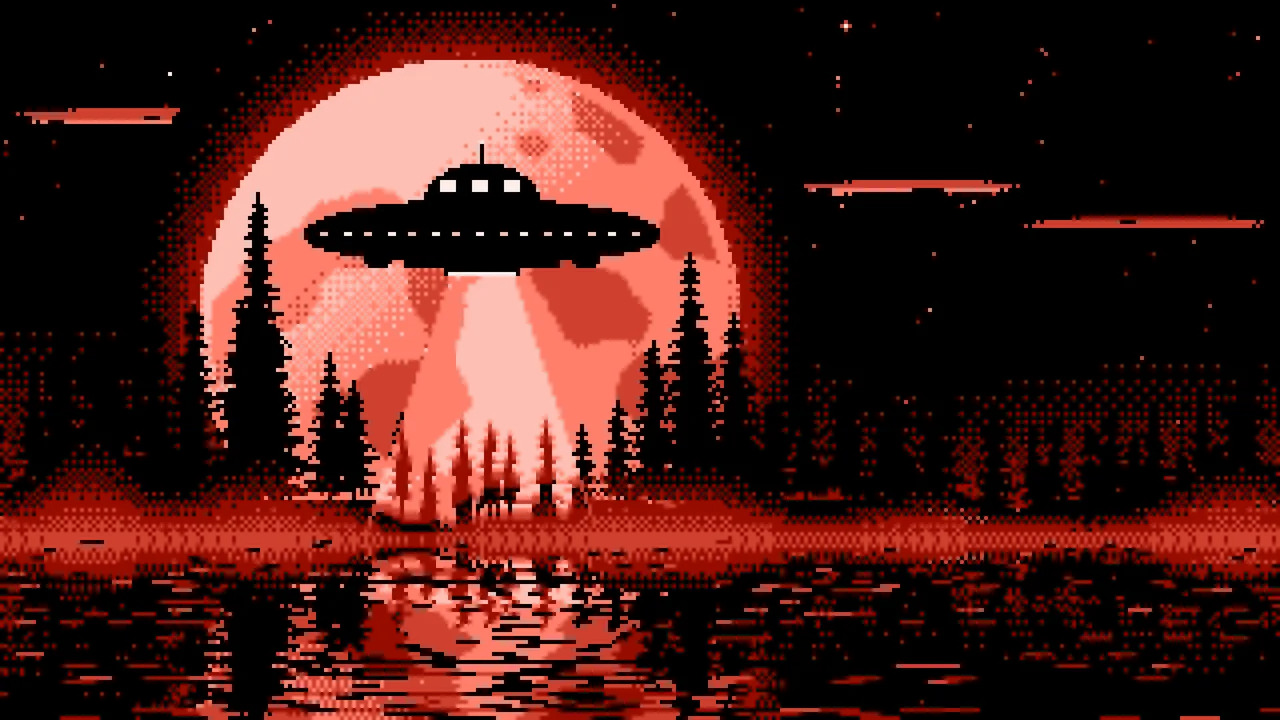 Coral Pixel Art UFO and Full Moon desktop wallpaper in 4K