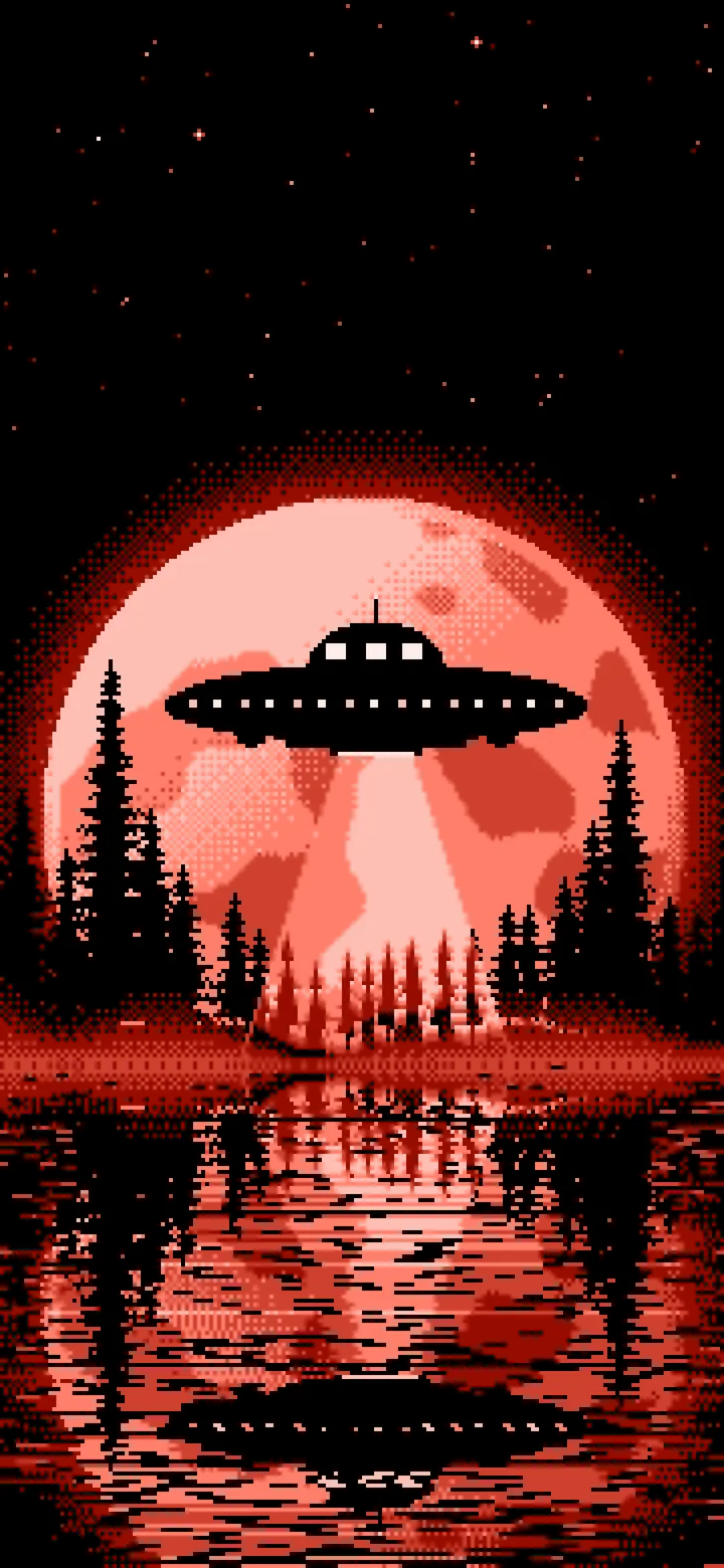 Coral Pixel Art UFO and Full Moon wallpaper for iPhone and Android