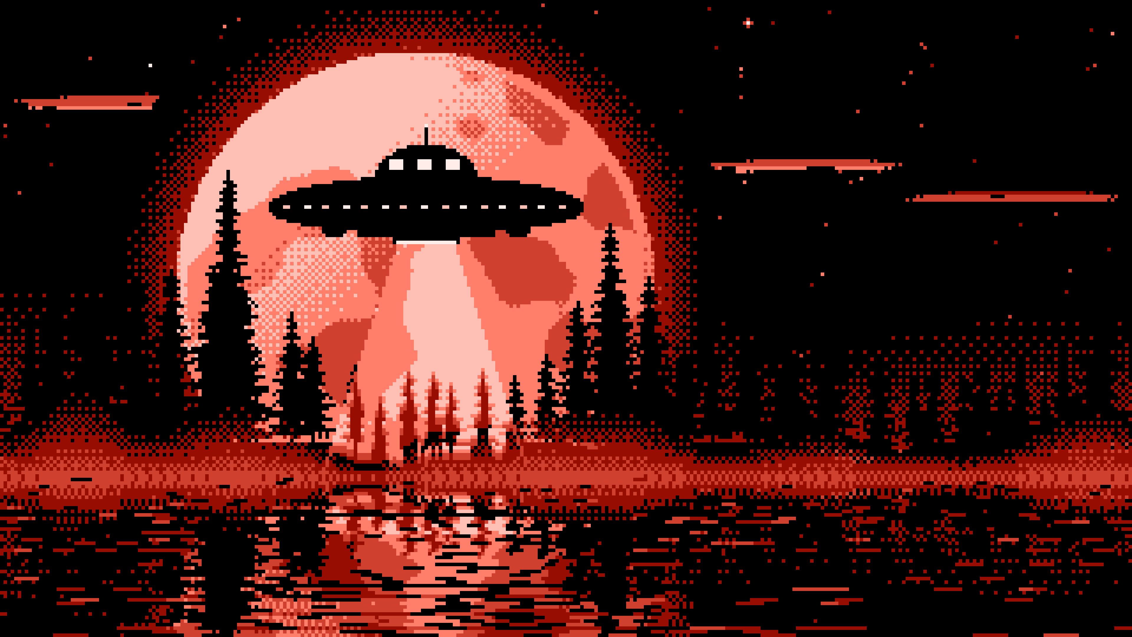 Coral Pixel Art UFO and Full Moon desktop wallpaper in 4K