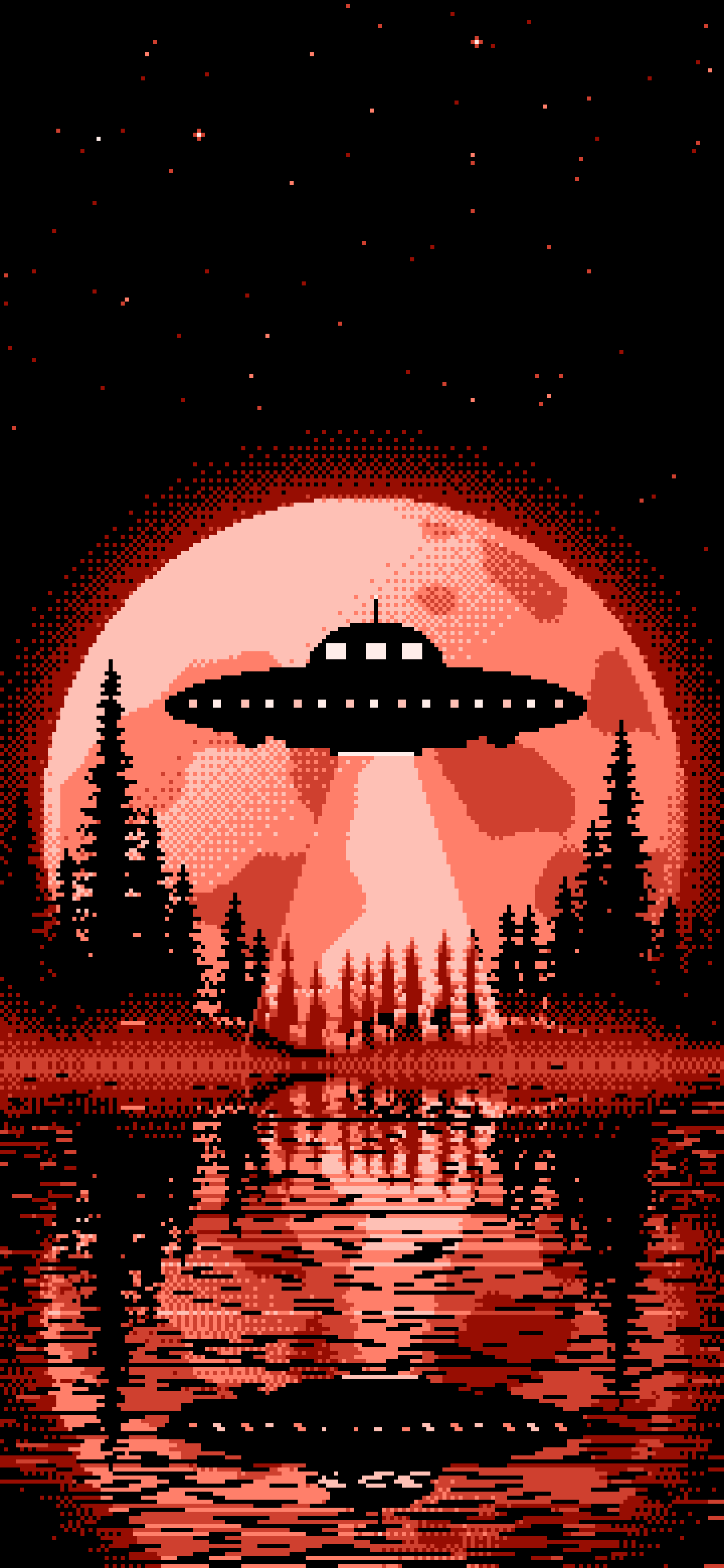 Coral Pixel Art UFO and Full Moon wallpaper for iPhone and Android
