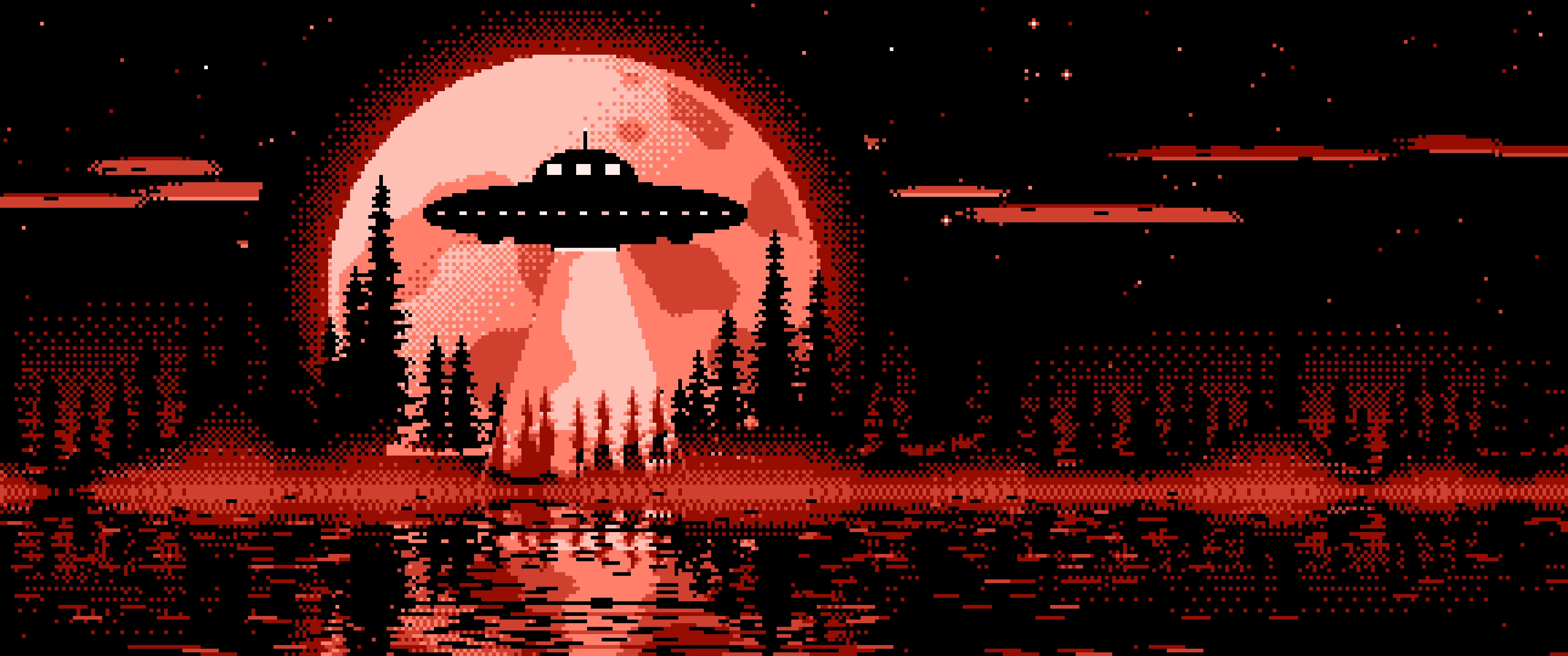 Coral Pixel Art UFO and Full Moon ultrawide wallpaper, 3440 × 1440