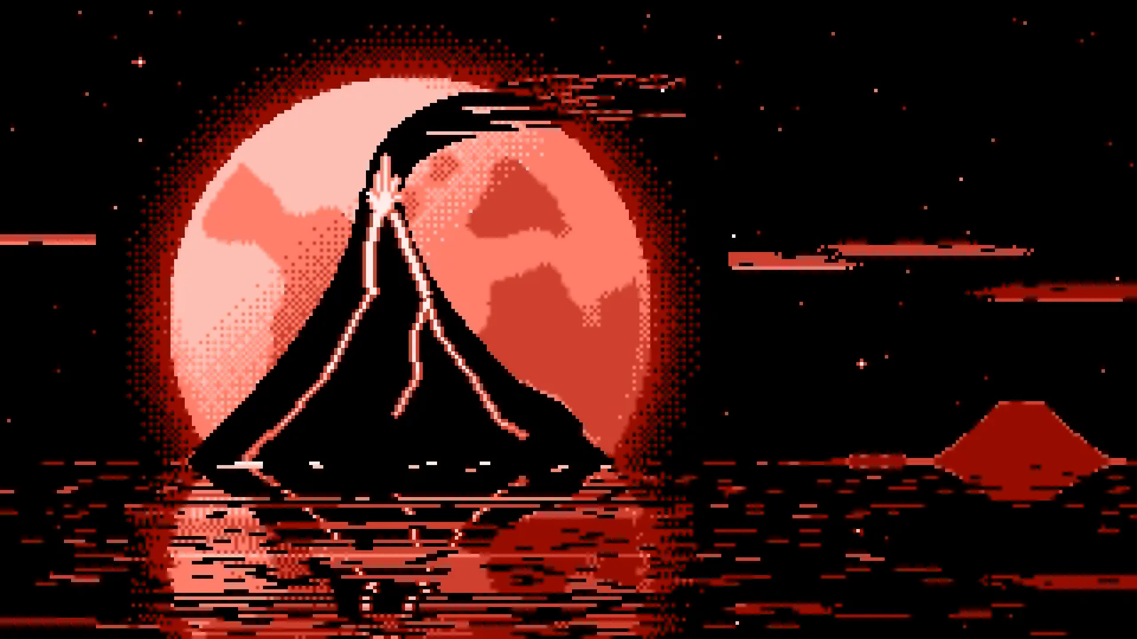 Coral Pixel Art Volcano and Full Moon desktop wallpaper in 4K