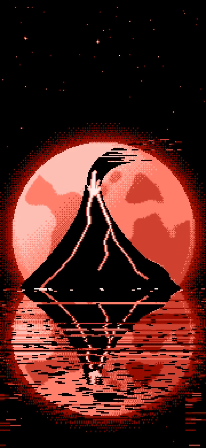 Coral Pixel Art Volcano and Full Moon wallpaper for iPhone and Android