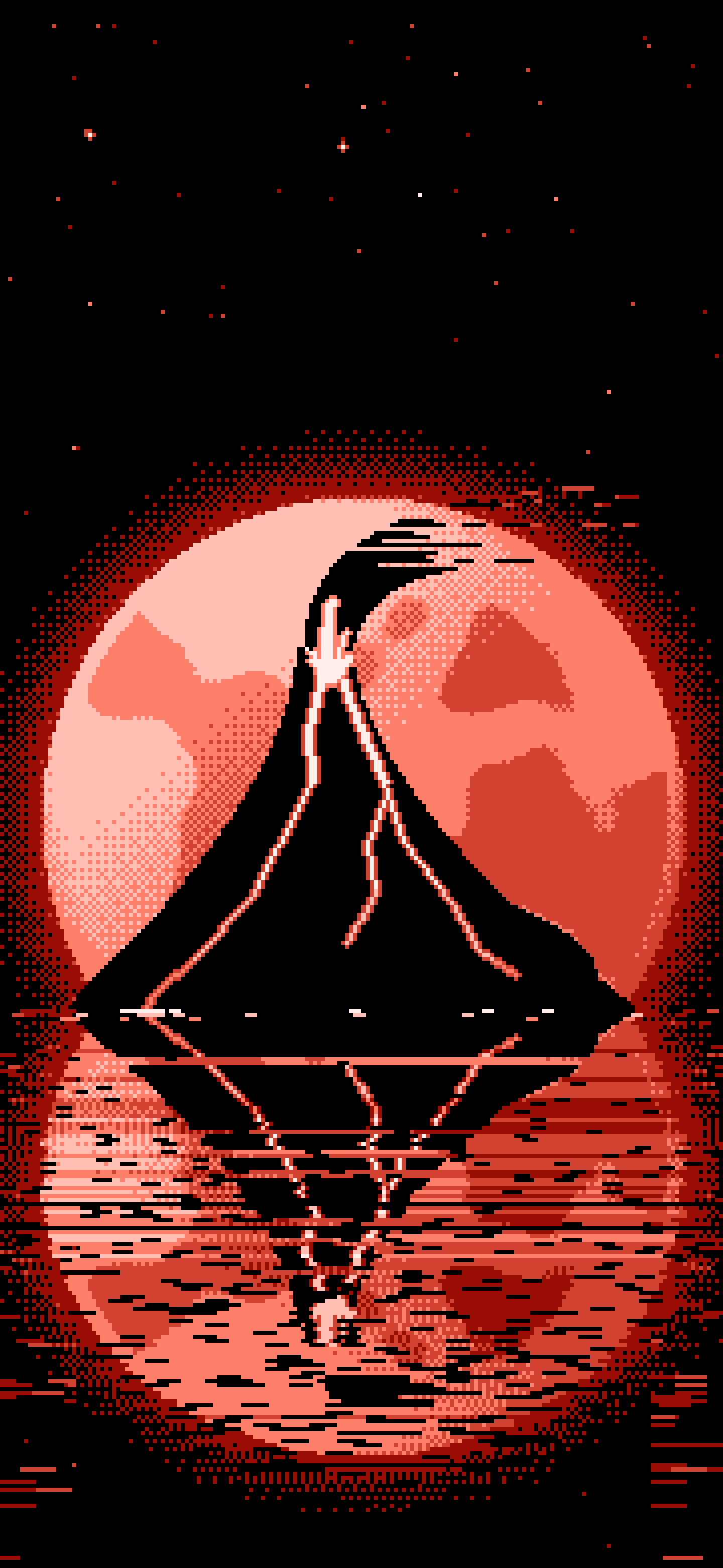 Coral Pixel Art Volcano and Full Moon wallpaper for iPhone and Android