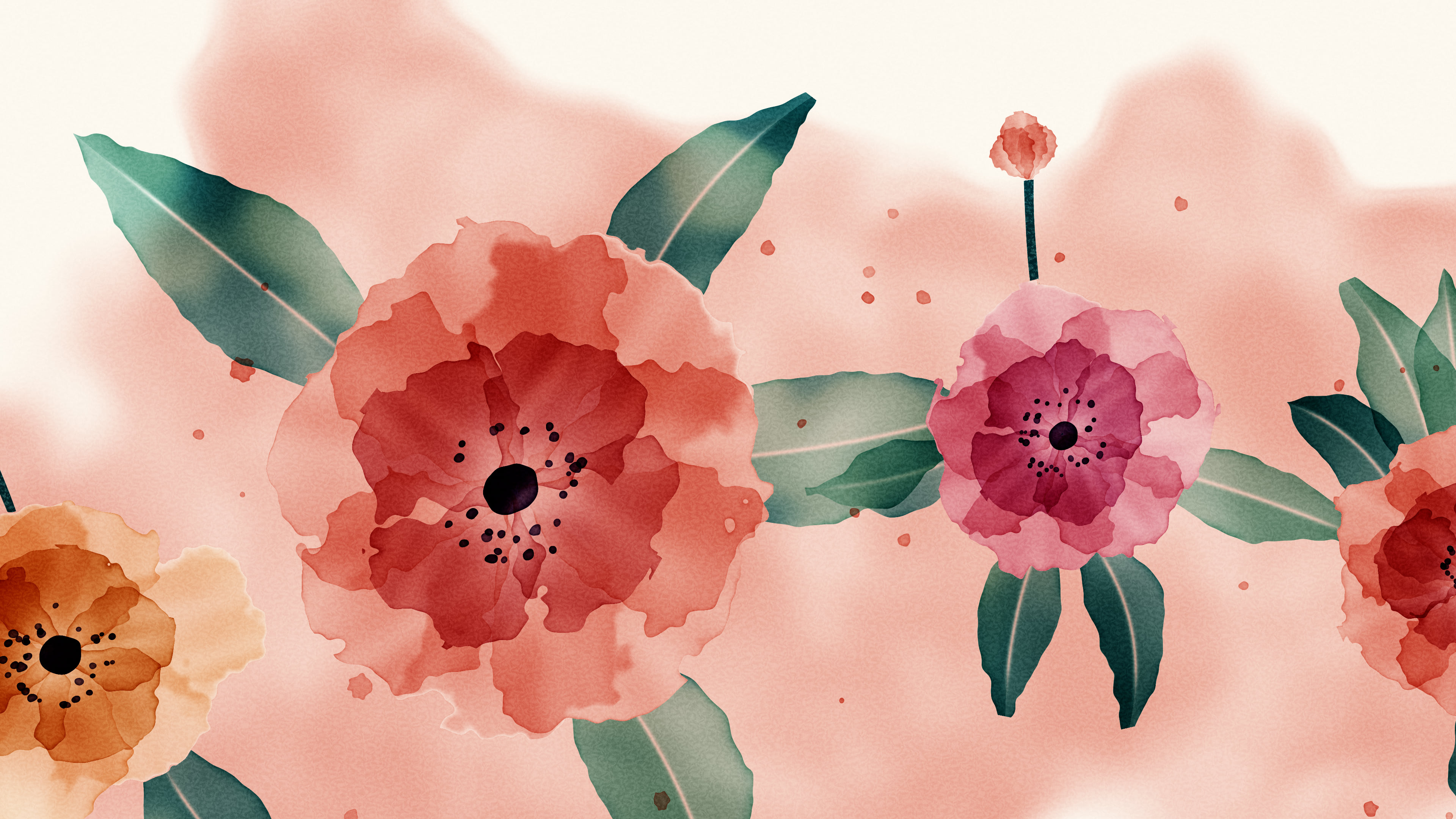 Coral Watercolor Flowers desktop wallpaper in 4K