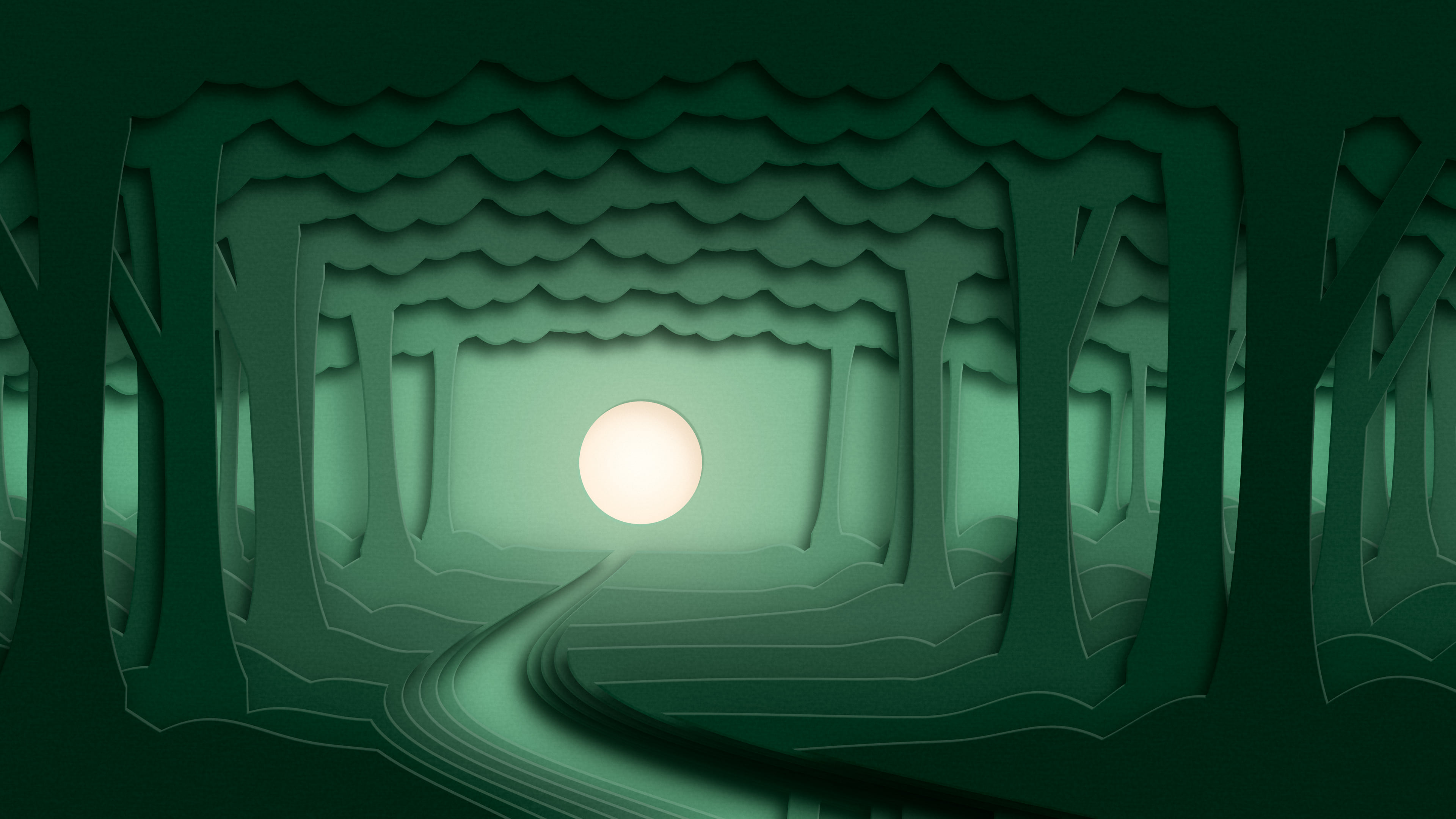 Dark Green 3D Paper Cut Forest desktop wallpaper in 4K