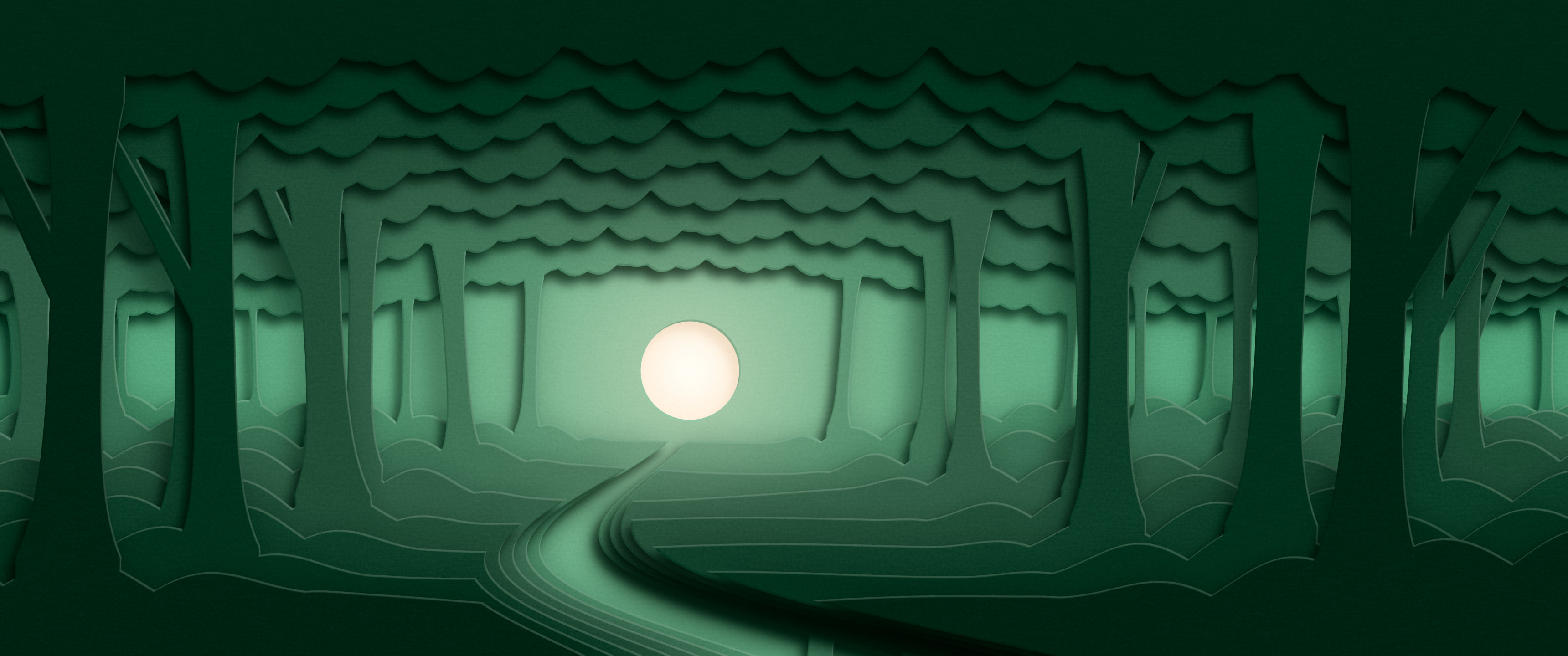 Dark Green 3D Paper Cut Forest ultrawide wallpaper, 3440 × 1440