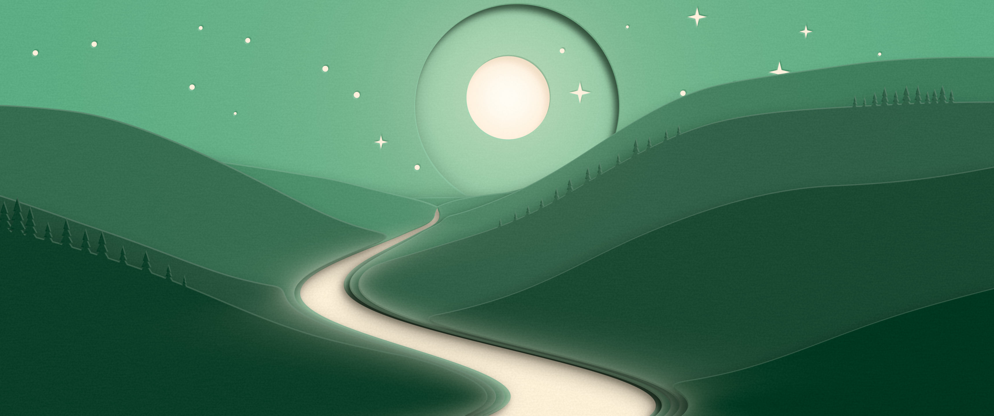 Dark Green 3D Paper Cut River Valley ultrawide wallpaper, 3440 × 1440
