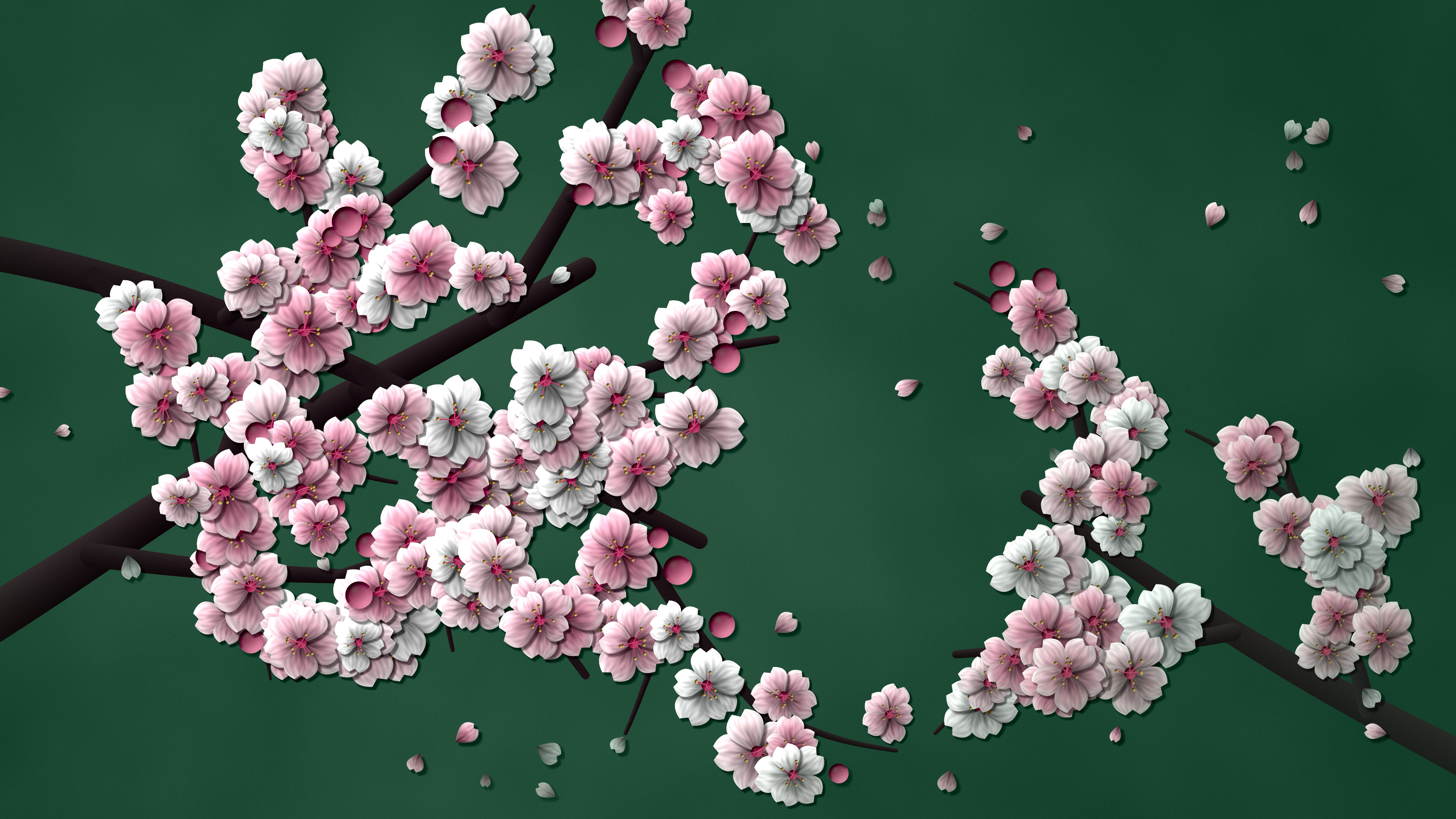 Dark Green Blossom Branch Pattern desktop wallpaper in 4K